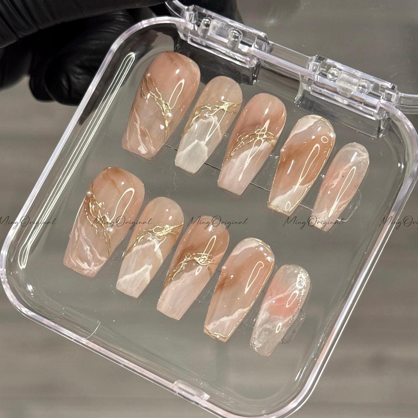 Nude marble press on nails, brown and white swirl nails with gold chrome line art and pearl detail, neutral abstract handmade nail MO526