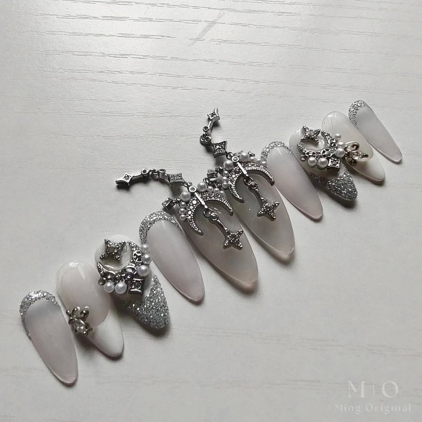 Reusable silver anchor glitter pearl decal art nails, false nail, press on nail, glue on nail, reuse nail, handmade acrylic jelly nail