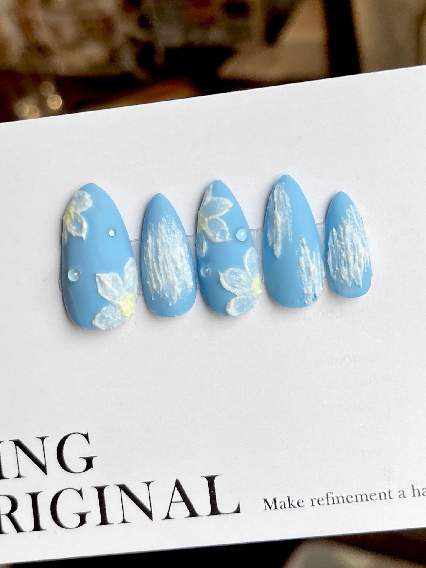 Reusable Blue sculptured flower painted with Water Drop cute girly press on nail, Premium Hand paint Nails, Handmade matte nail, 3D Nail