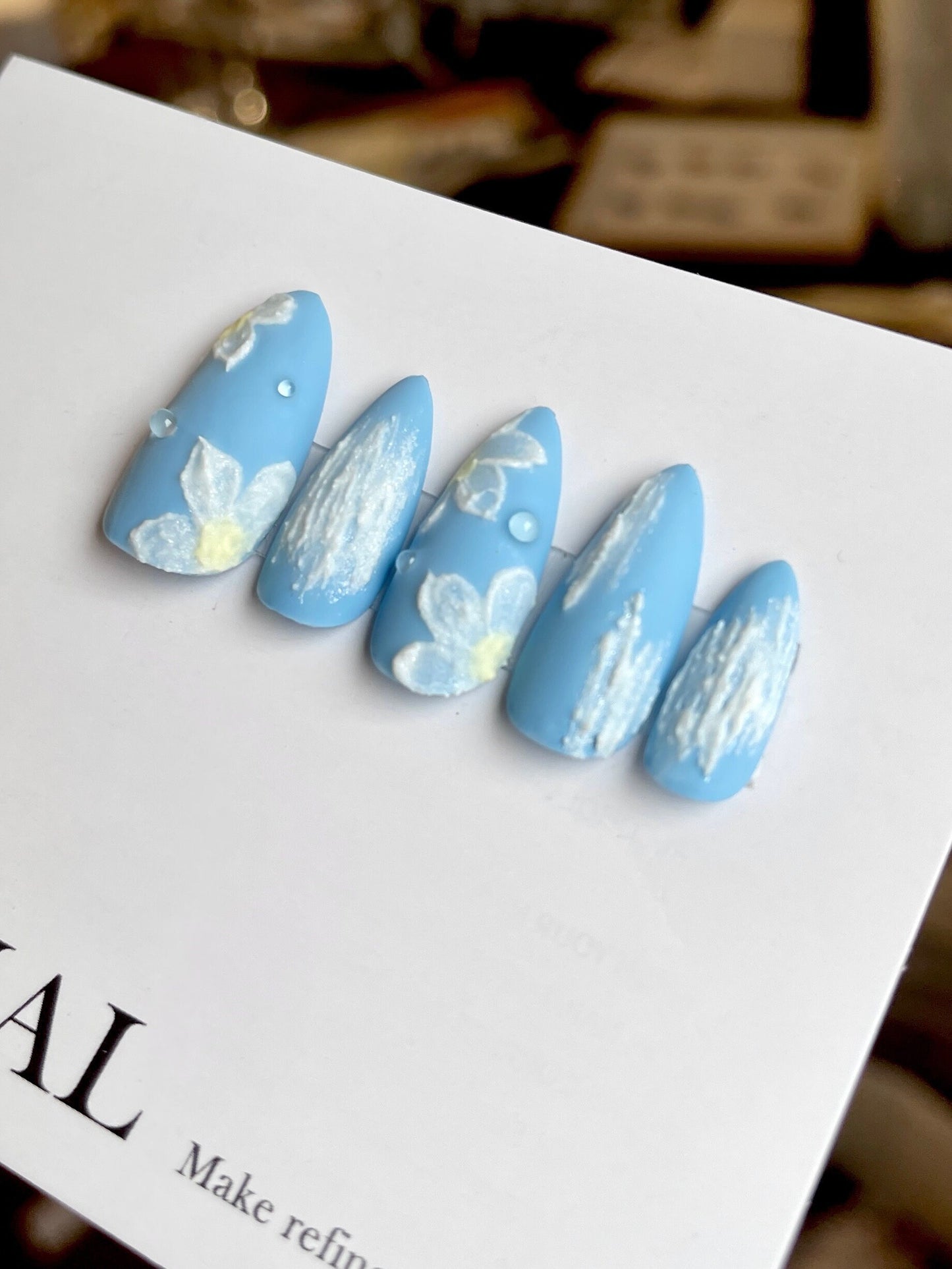 Reusable Blue sculptured flower painted with Water Drop cute girly press on nail, Premium Hand paint Nails, Handmade matte nail, 3D Nail