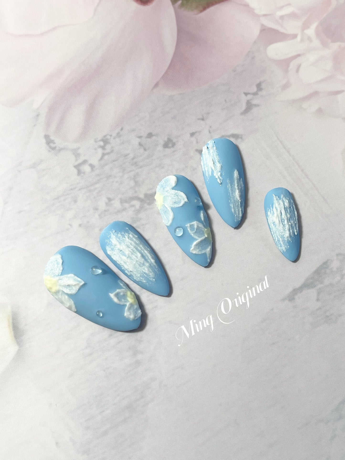 Reusable Blue sculptured flower painted with Water Drop cute girly press on nail, Premium Hand paint Nails, Handmade matte nail, 3D Nail