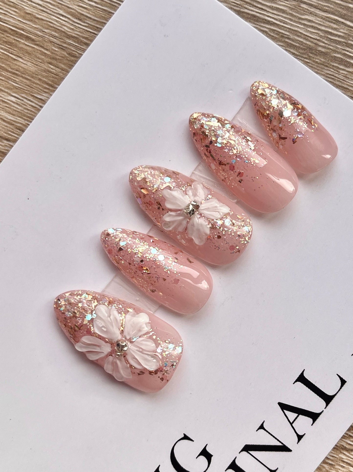 3D glittery pastel Pink flower painted nail art, Premium Press on Nails, Fake Nails, Handmade Gel Nails, Jelly Nails