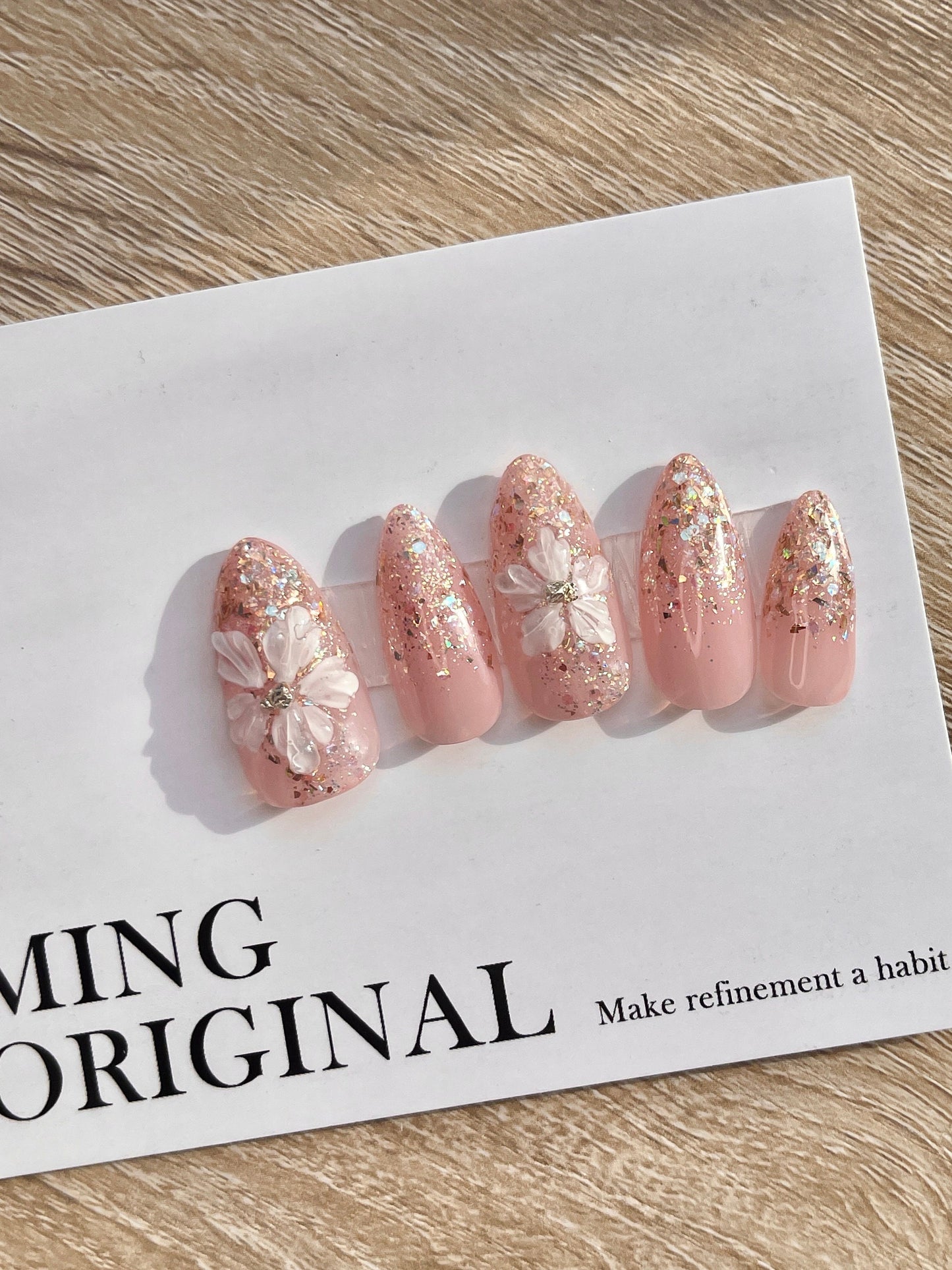 3D glittery pastel Pink flower painted nail art, Premium Press on Nails, Fake Nails, Handmade Gel Nails, Jelly Nails