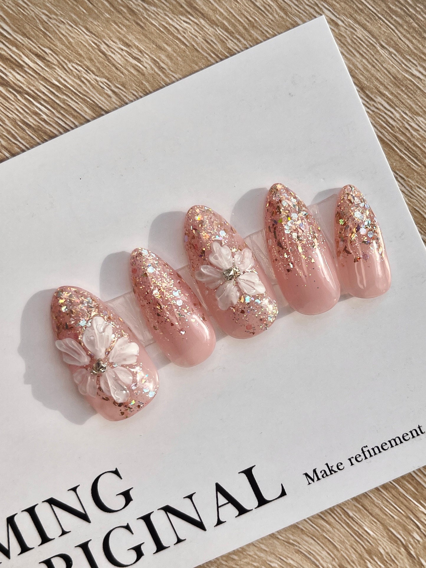 3D glittery pastel Pink flower painted nail art, Premium Press on Nails, Fake Nails, Handmade Gel Nails, Jelly Nails