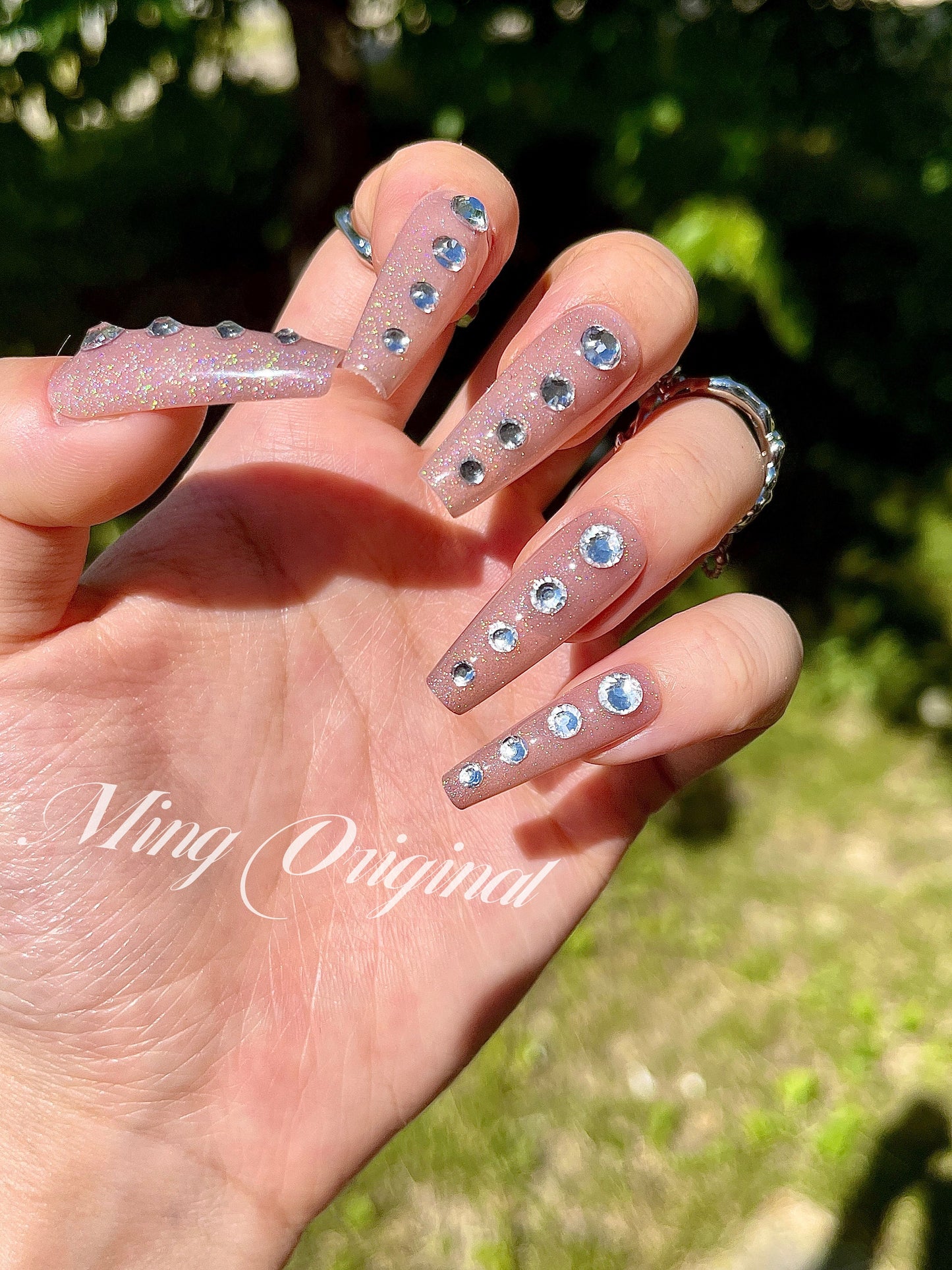 Euphoria Cassie inspired nude crystal diamond rhinestone press on nail, shiny rainbow holographic shimmer Nails
