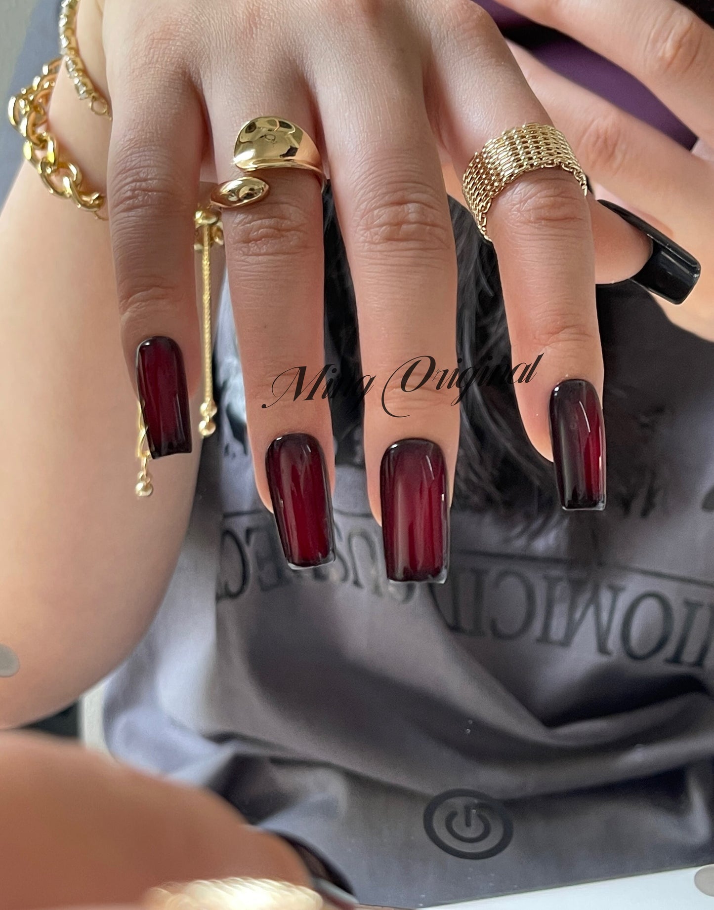 Da Vampire| red cat eye press on nails, black nails, reuse nails, jelly fake nail, glitter shine gel nail