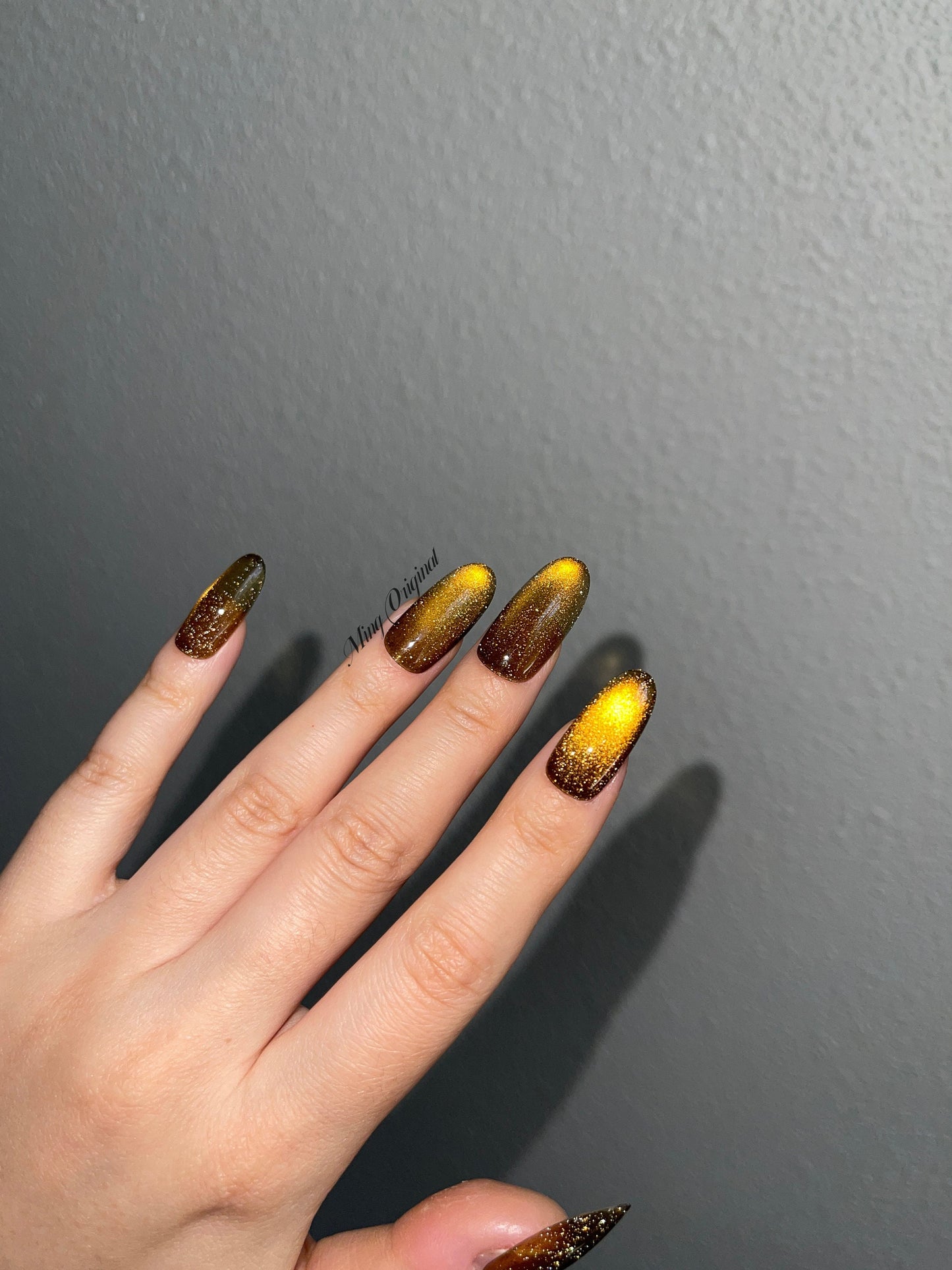 Da Amber| glass beads inspired magnetic cat eye press on nails, yellow/golden nails, semitransparent reuse nails, glitter fake nail