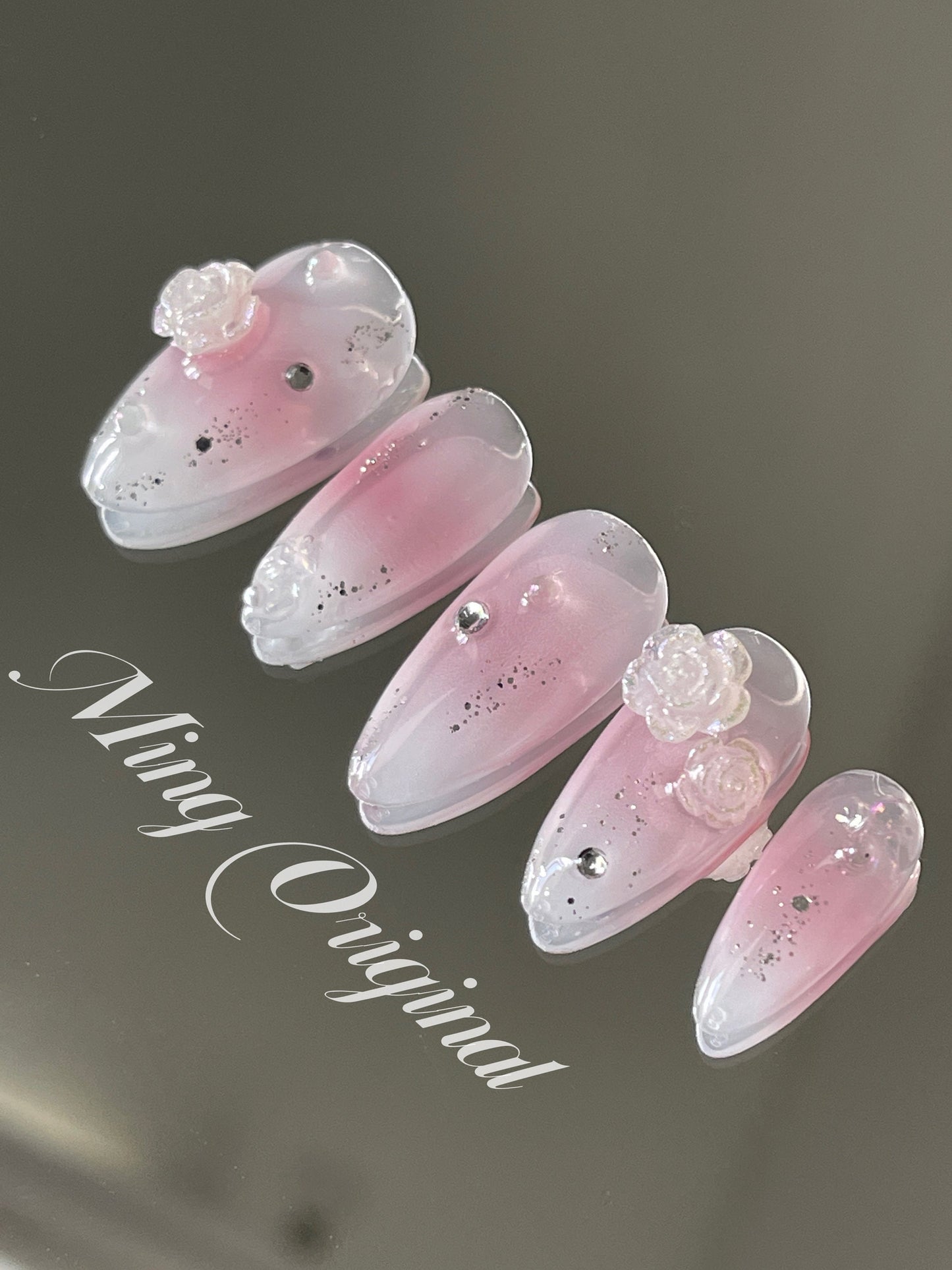 White Jelly crystal camellia flower pink ombre blush Press on Nails, glittery water blooming fake Nails, Gel Nails, jewel nail