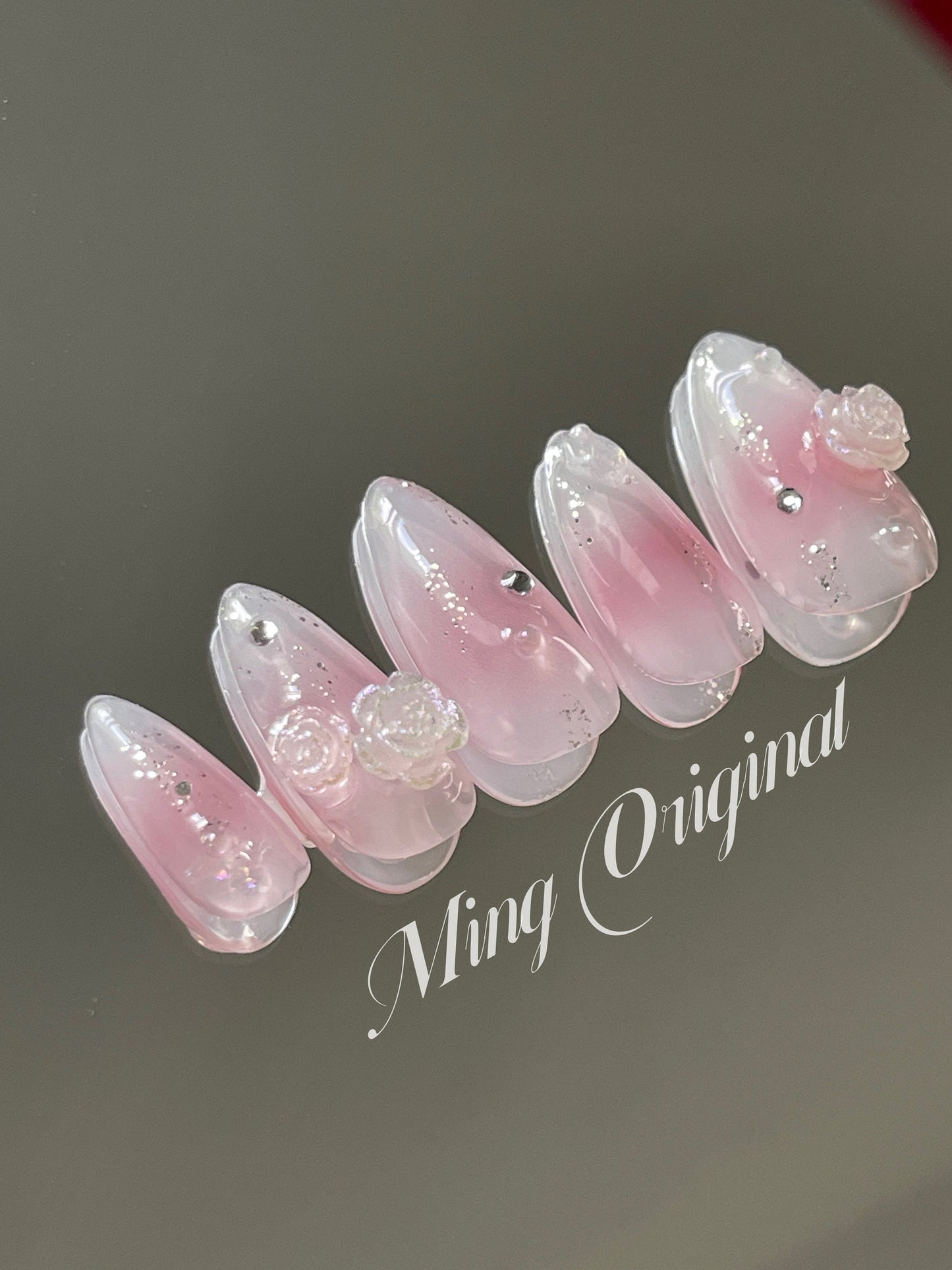 White Jelly crystal camellia flower pink ombre blush Press on Nails, glittery water blooming fake Nails, Gel Nails, jewel nail