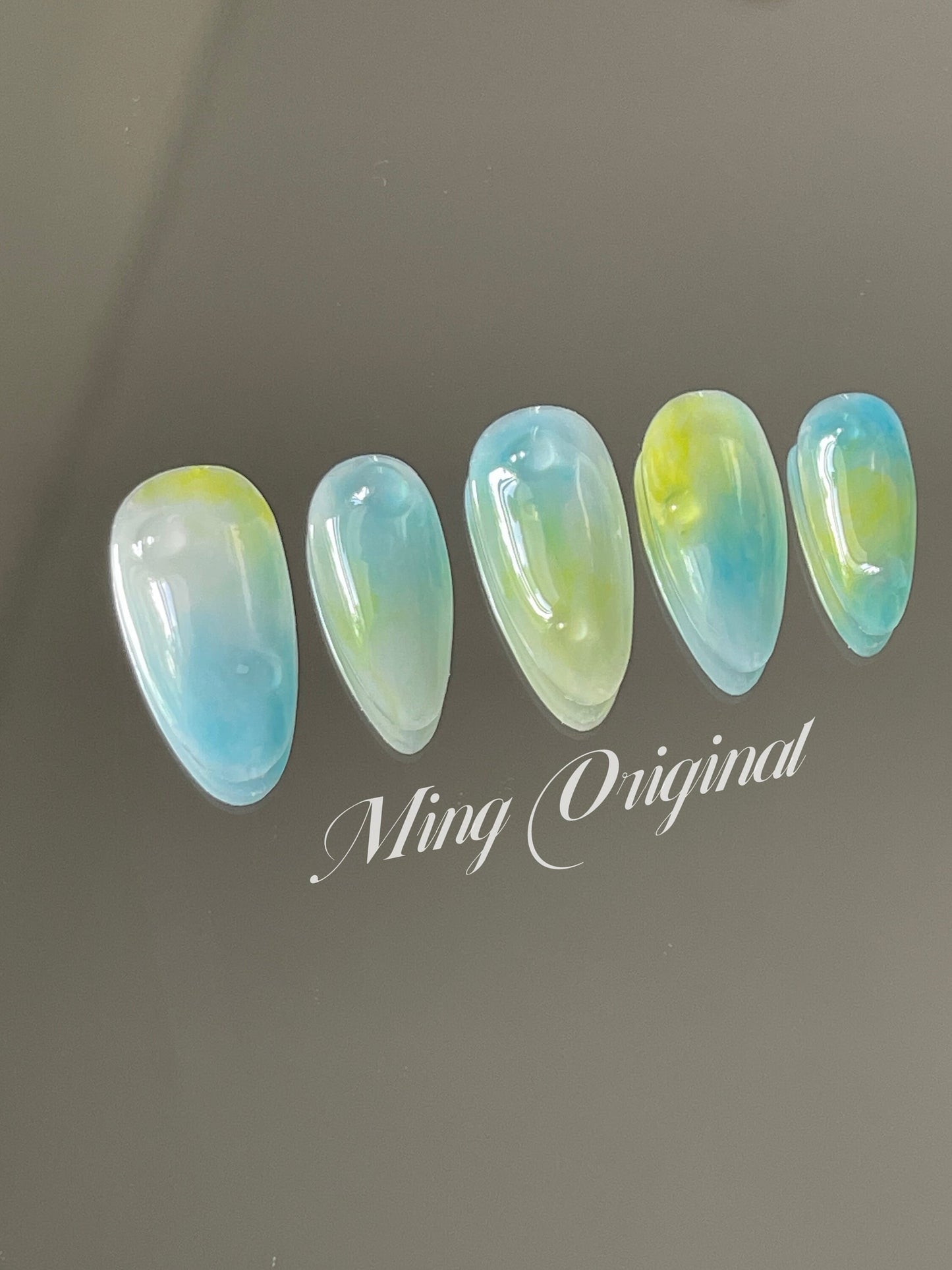 Da sunny pool | blue and yellow candy color water blooming press on nails, false nails, glue on nails, reuse nails, jelly fake nails