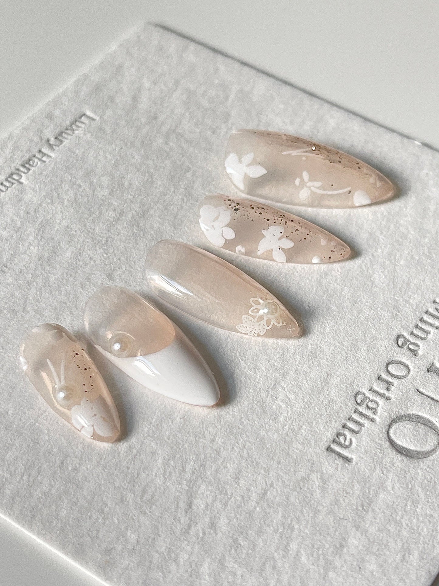 White lace flower with pearl press on nail, french tip wedding nail