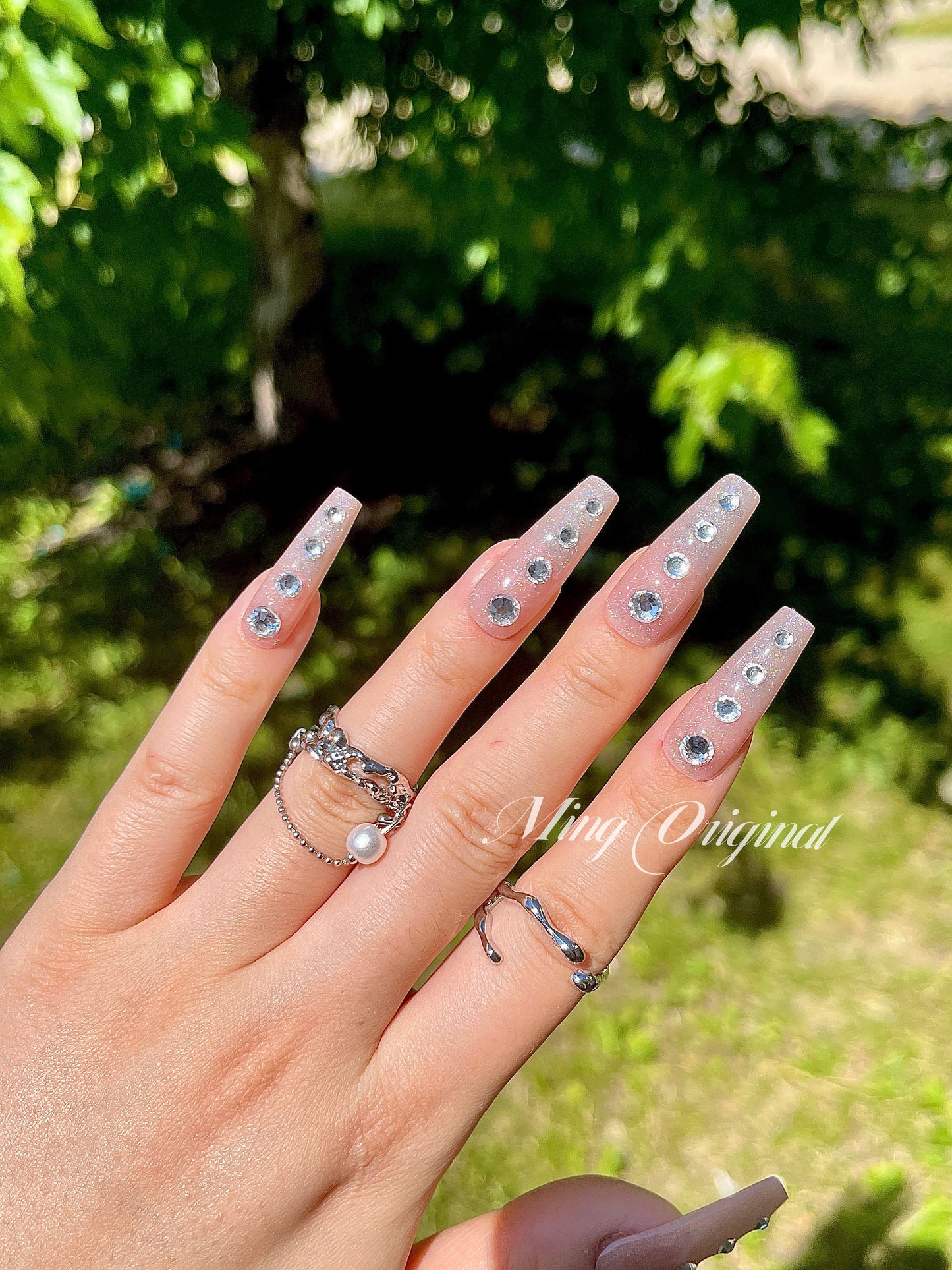 Euphoria Cassie inspired nude crystal diamond rhinestone press on nail, shiny rainbow holographic shimmer Nails