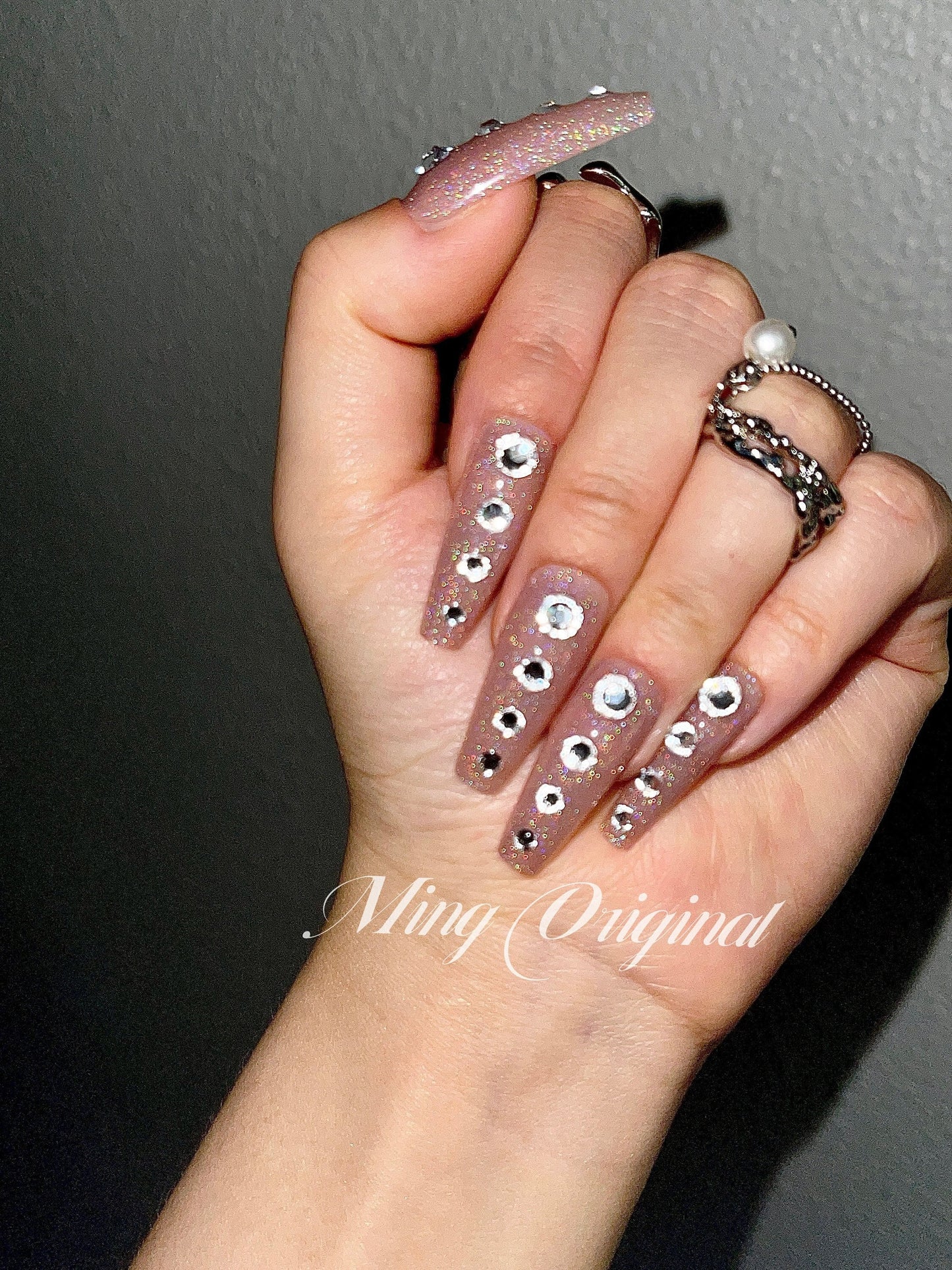 Euphoria Cassie inspired nude crystal diamond rhinestone press on nail, shiny rainbow holographic shimmer Nails