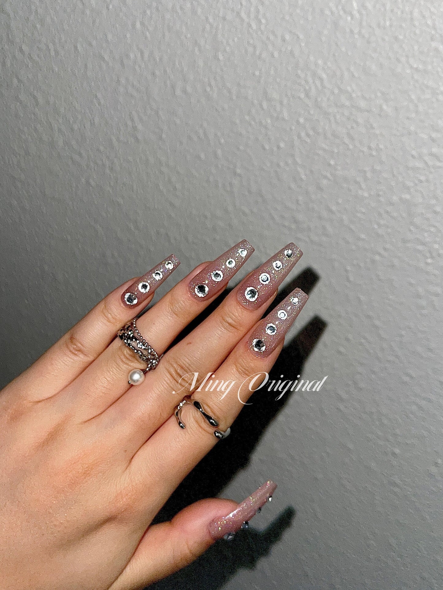 Euphoria Cassie inspired nude crystal diamond rhinestone press on nail, shiny rainbow holographic shimmer Nails