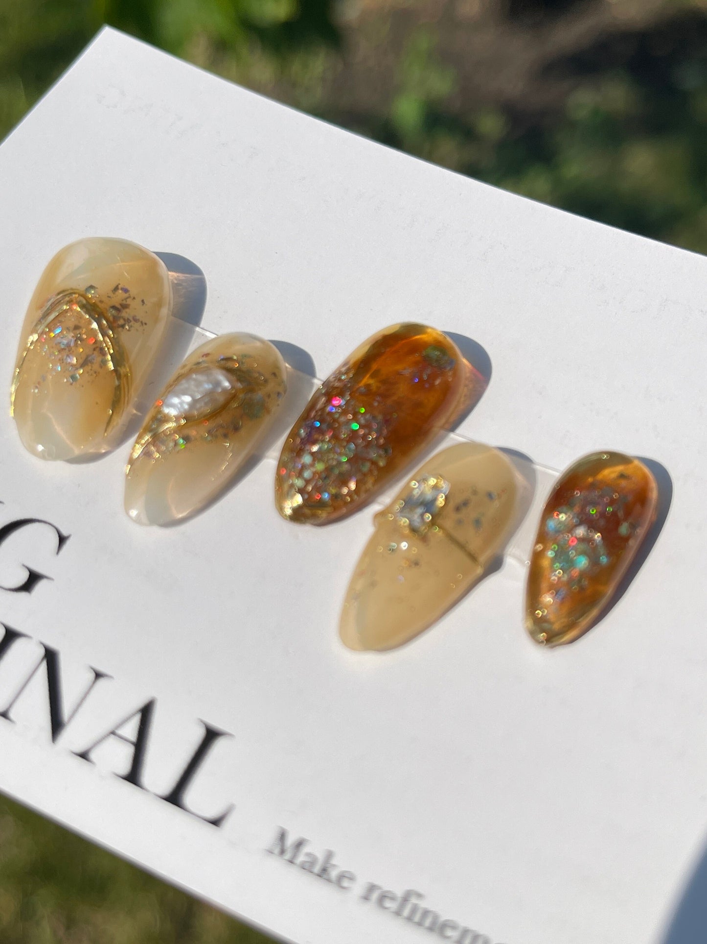 Da Brown sugar| glittery water blooming Press on Nails, vivid gemstone gold lines handmade Art Nails, Jelly Nails