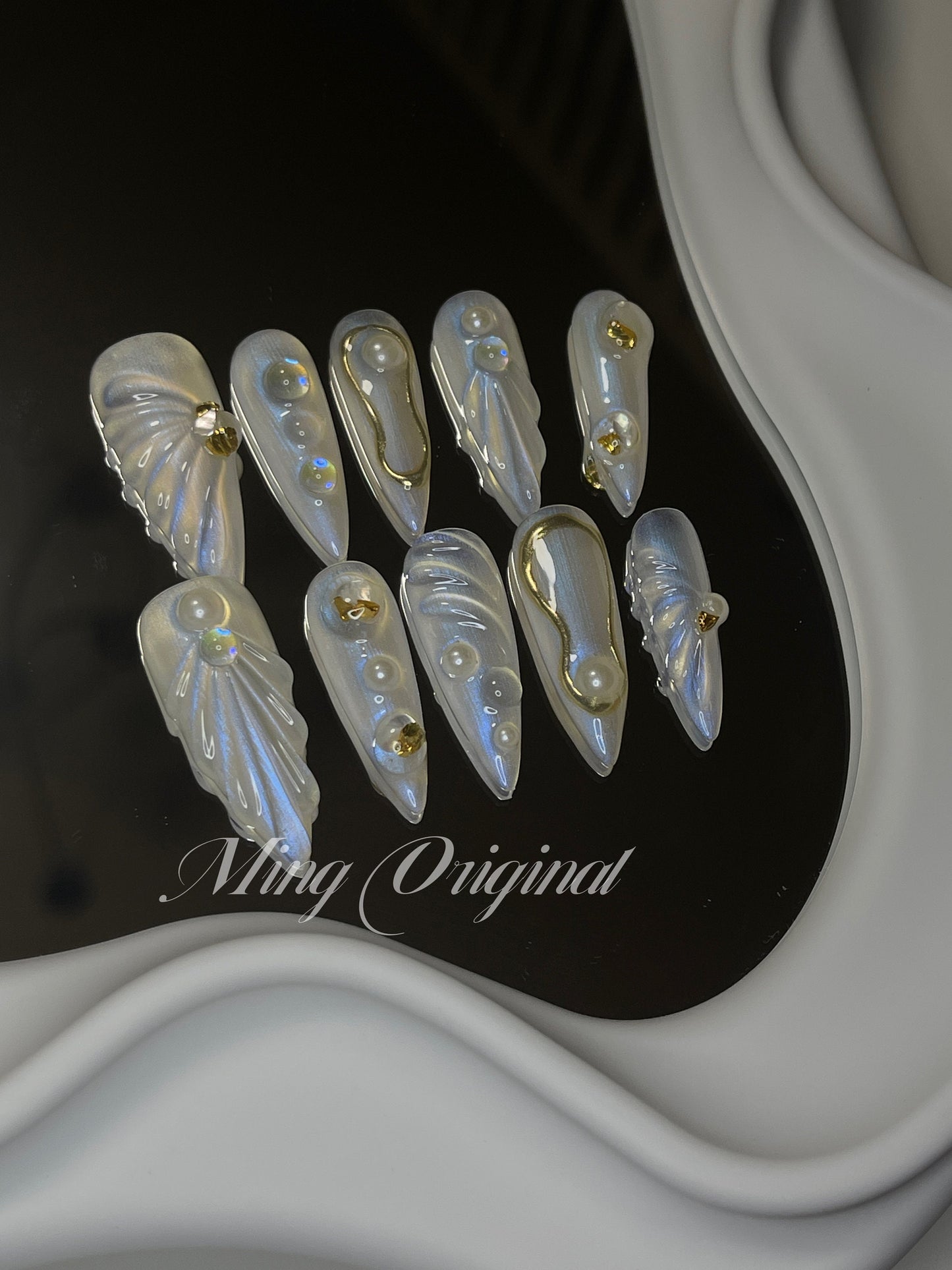 3D Y2K aurora Mermaid press on nails, Aura Seashell with pearl reusable nail, jelly fake nail