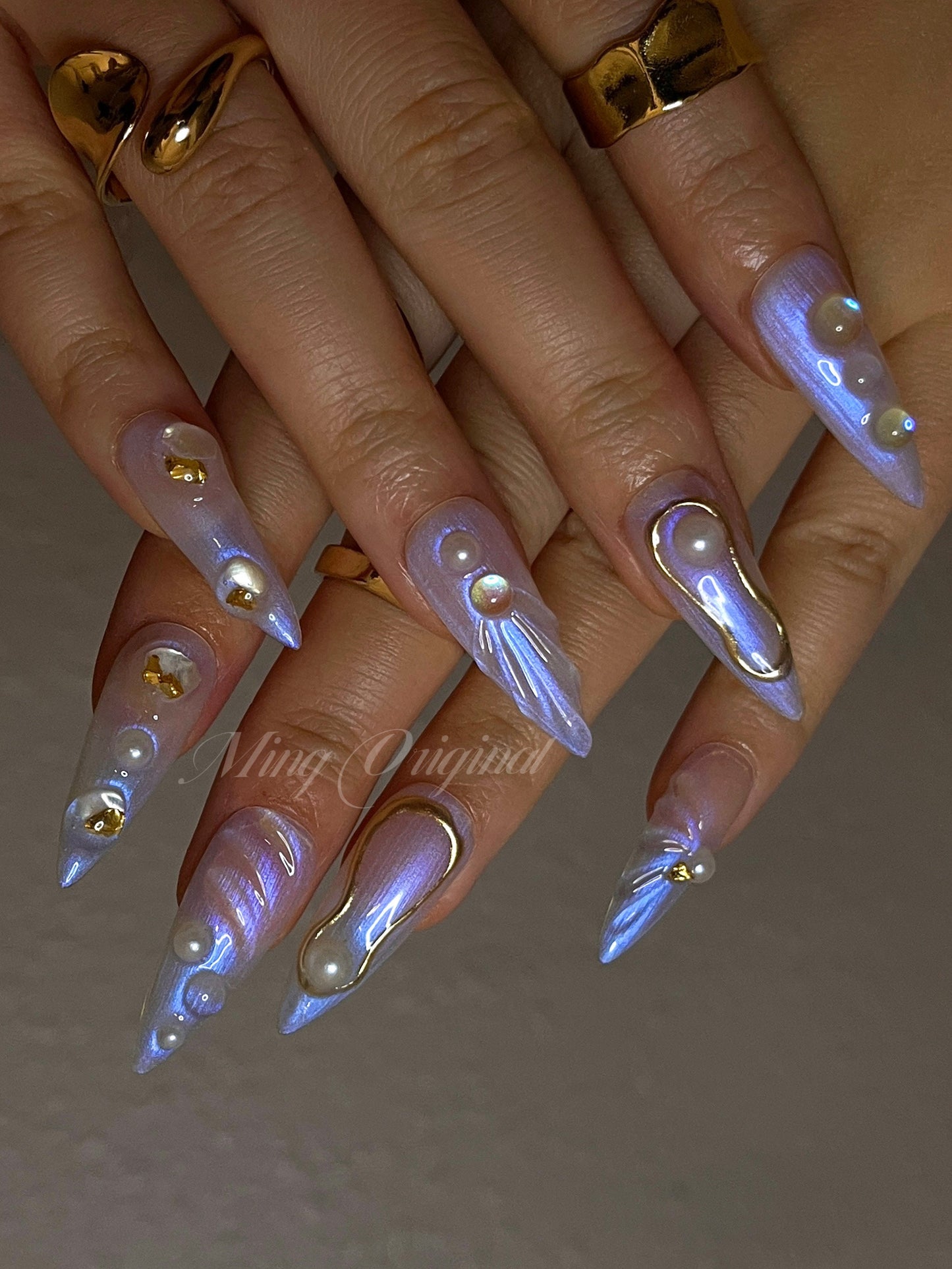 3D Y2K aurora Mermaid press on nails, Aura Seashell with pearl reusable nail, jelly fake nail