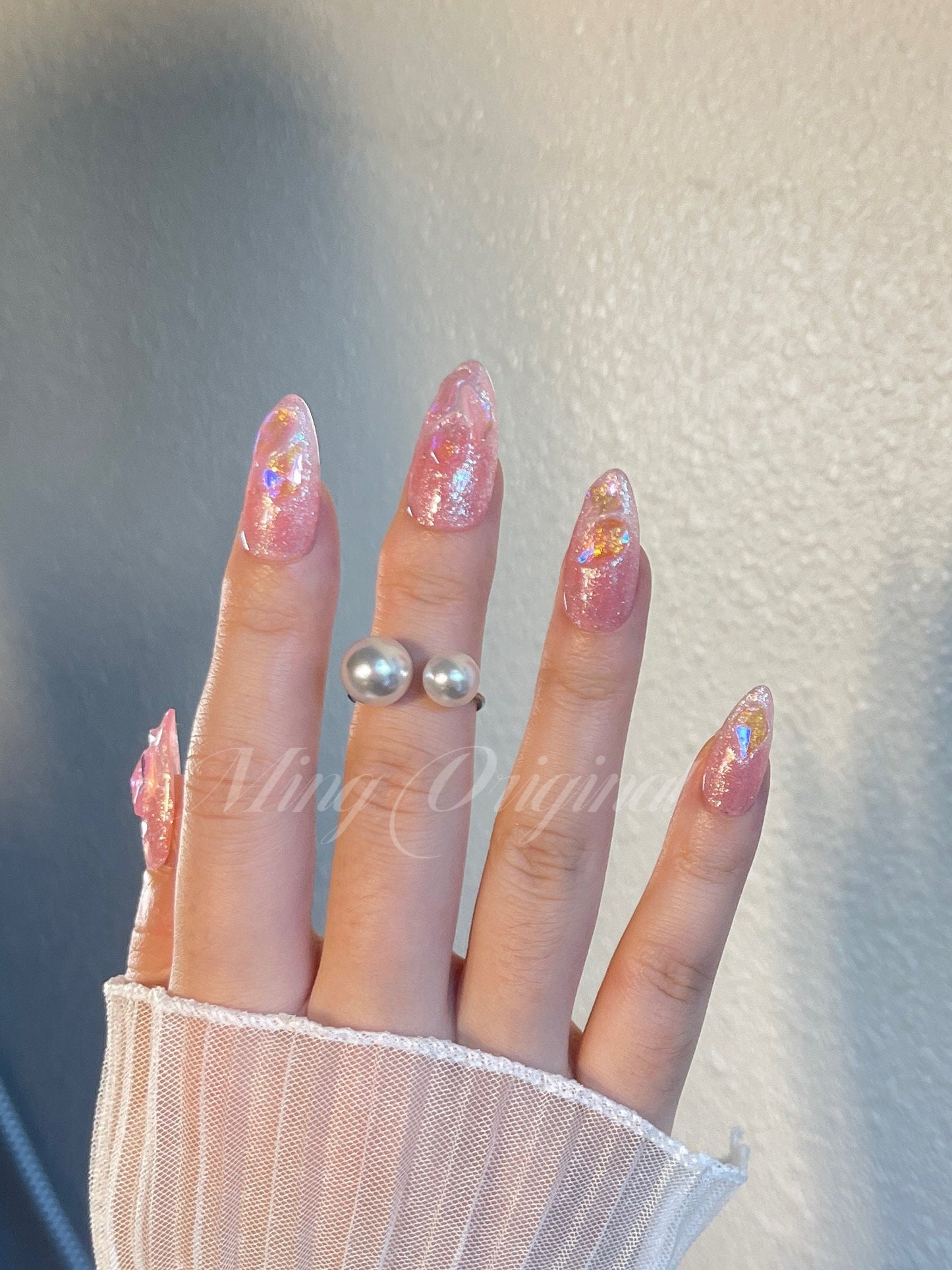 Pink glittery Aurora gem crystal Nail press on, Fake nails, aura ombre nail, Handmade Gel Nails, jelly Nails, wedding nail