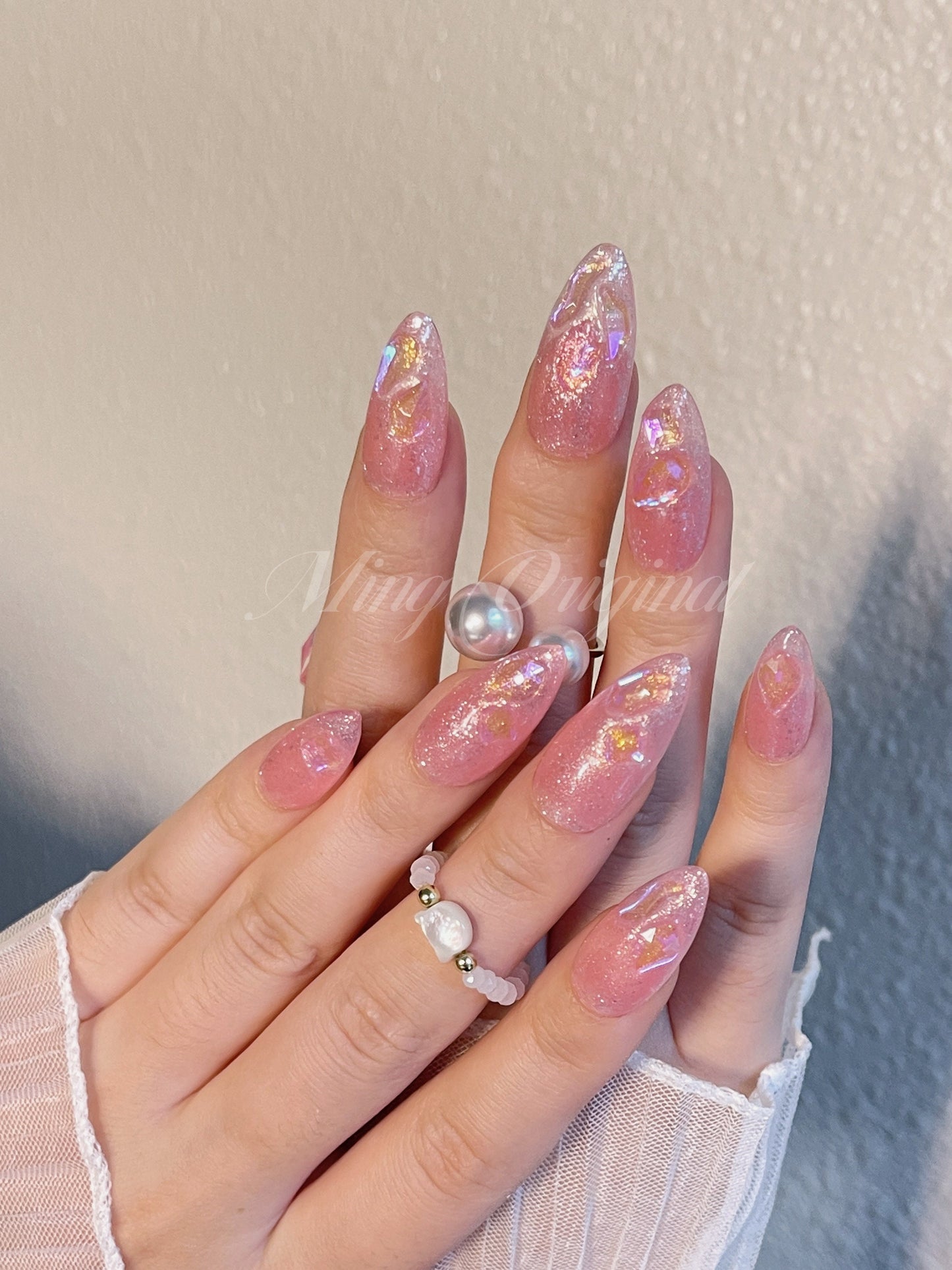 Pink glittery Aurora gem crystal Nail press on, Fake nails, aura ombre nail, Handmade Gel Nails, jelly Nails, wedding nail