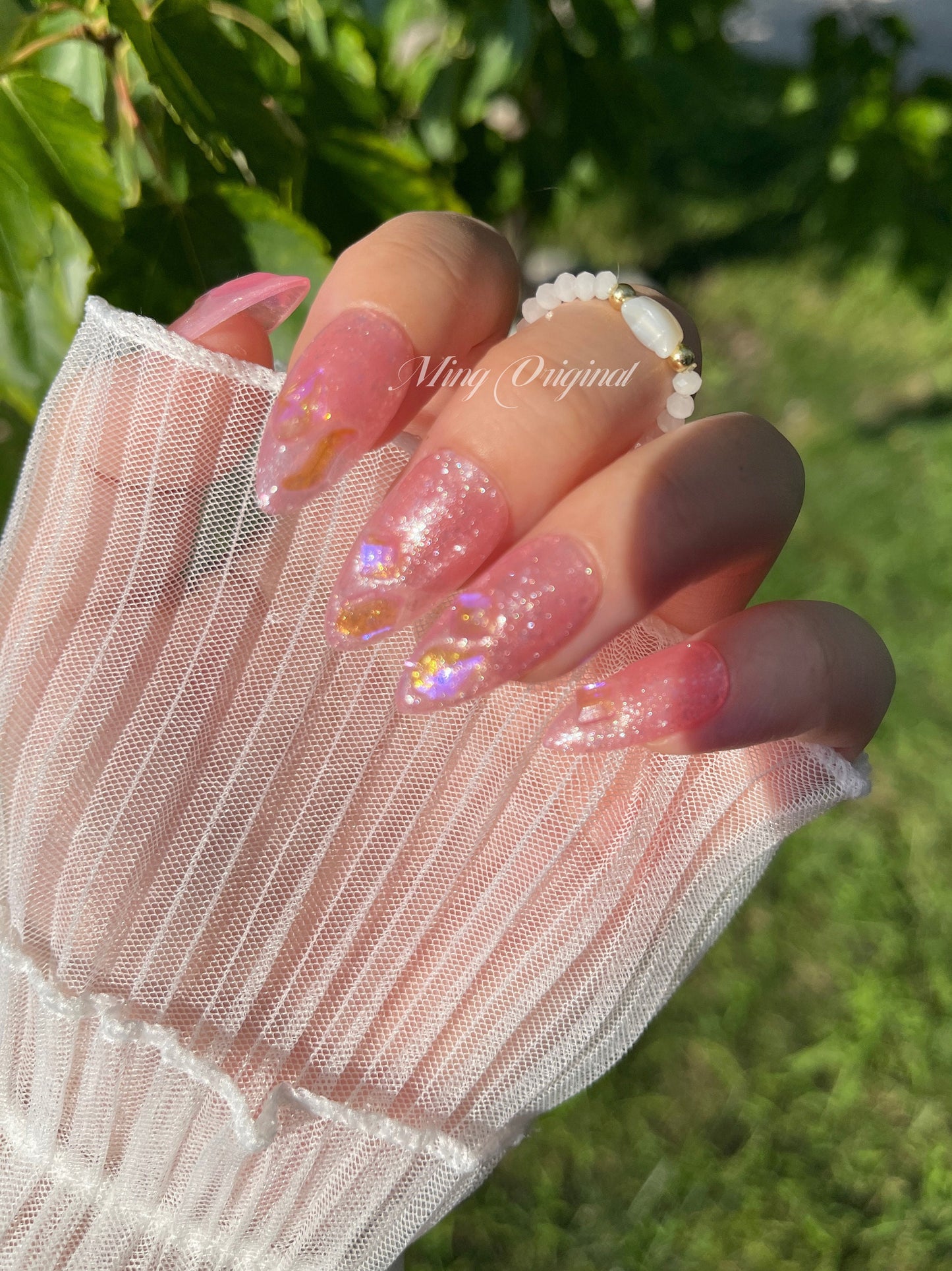 Pink glittery Aurora gem crystal Nail press on, Fake nails, aura ombre nail, Handmade Gel Nails, jelly Nails, wedding nail