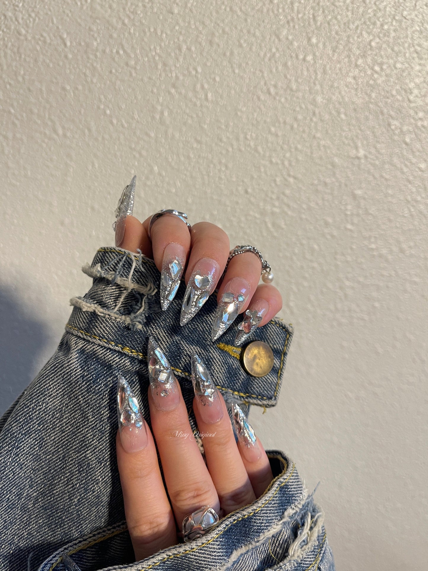 Silver crystal glittery Nail press on, Fake nails, ombre nail, Handmade Gel Nails, jelly Nails