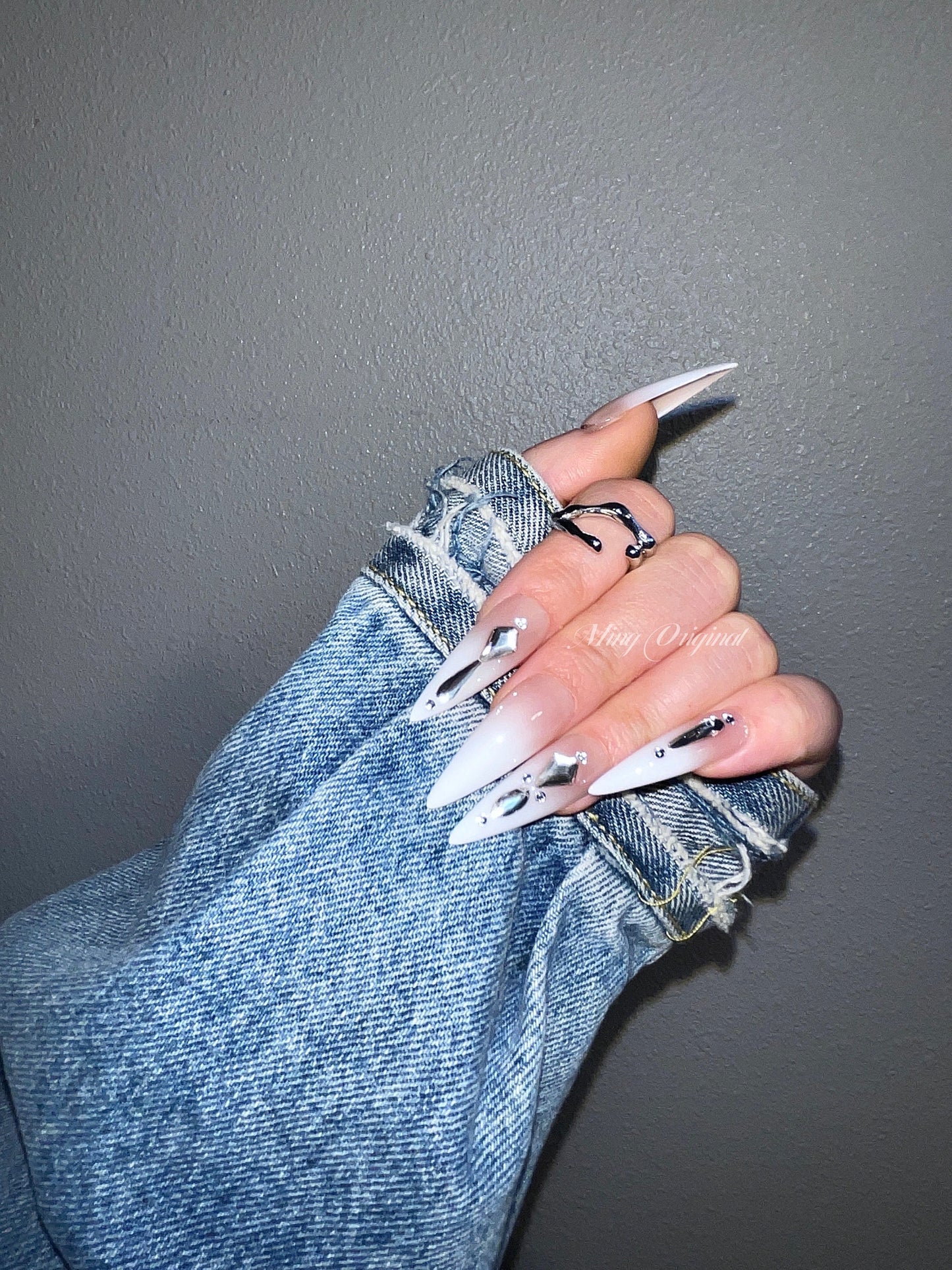 Ombre White Silver crystal glittery Nail press on, Fake nails, Handmade Gel Nails, jelly Nails