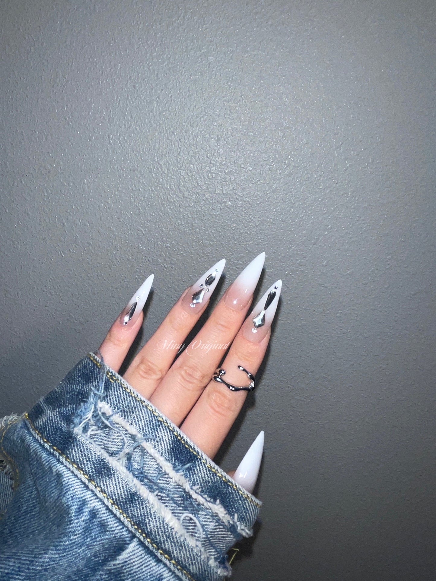 Ombre White Silver crystal glittery Nail press on, Fake nails, Handmade Gel Nails, jelly Nails