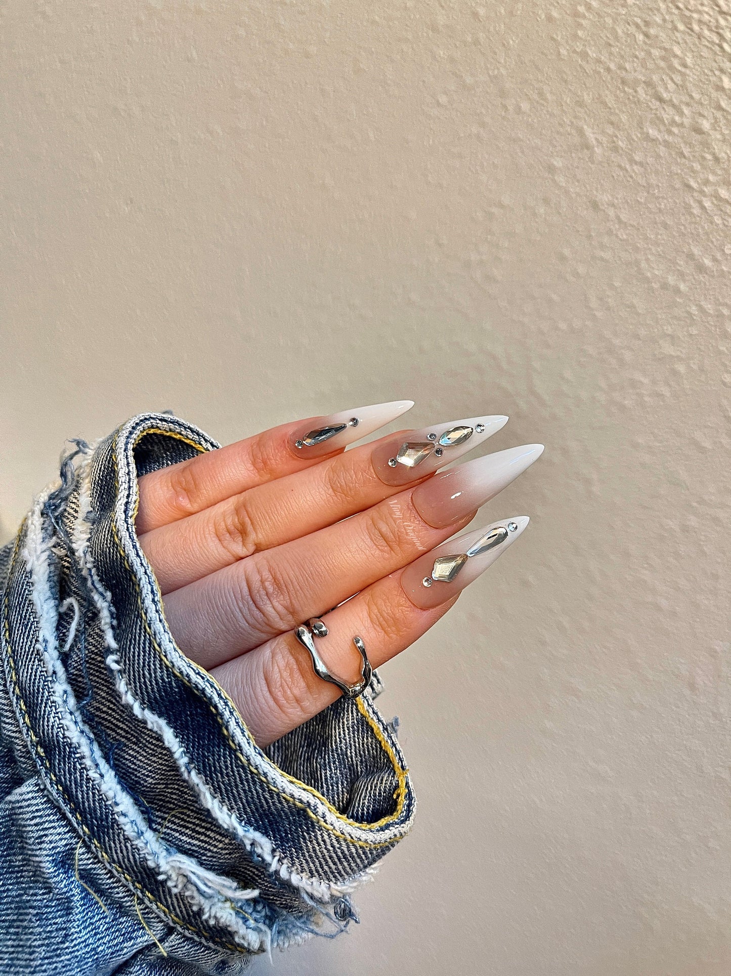Ombre White Silver crystal glittery Nail press on, Fake nails, Handmade Gel Nails, jelly Nails