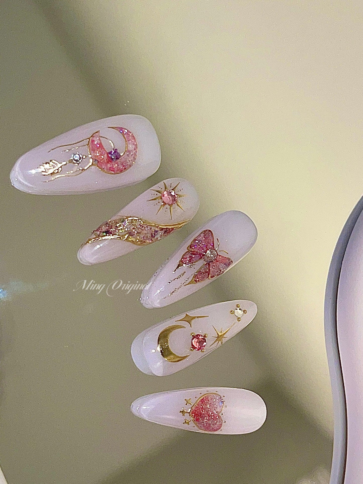 Milky White Moon n butterfly wings press on nail, pink heart with gold chrome Fake nails, star and moon art nail
