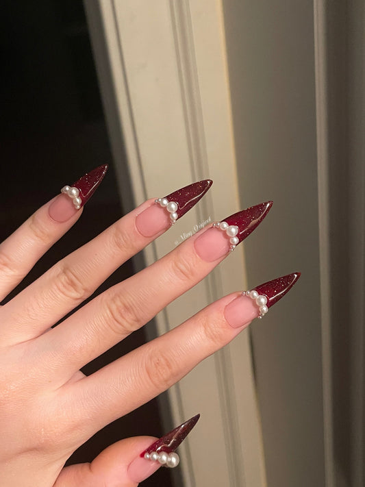 Santa Hat Pearl Red Tip Acrylic & press on nails, glue on Diamond Reflective nails, reuse nails, jelly fake nail, glitter shine gel nail