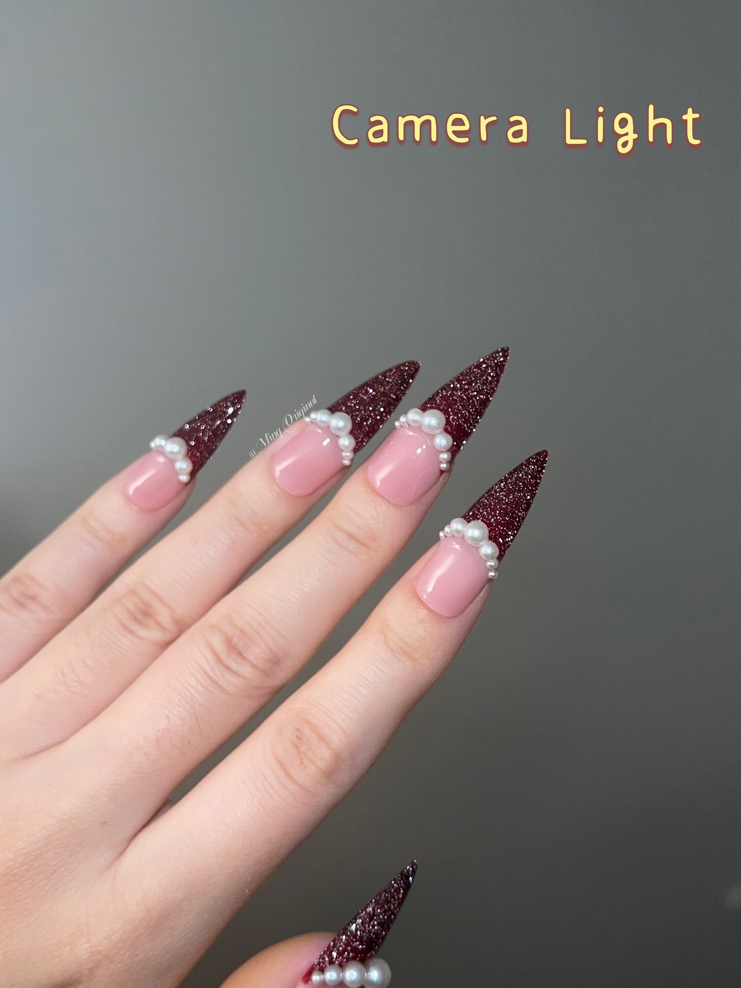 Santa Hat Pearl Red Tip Acrylic & press on nails, glue on Diamond Reflective nails, reuse nails, jelly fake nail, glitter shine gel nail