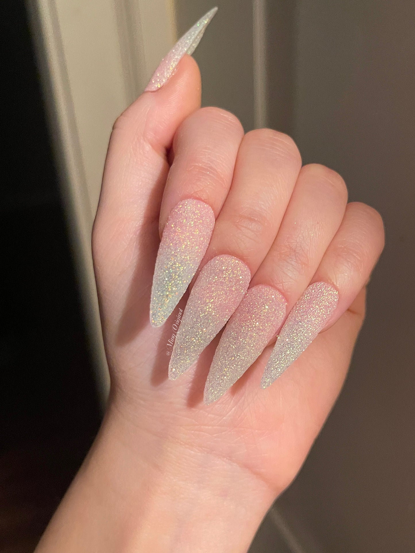 Reusable Pink Sugar Glitter Ombre Gradient Fade White Press on Nails, French tip nail, Soft Pink Baby Boomer Sparkly Fake nails