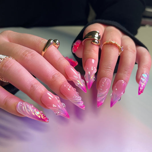 Summer Vibe|3D Free Style Hot Pink Mermaid press on nails, Vibrant color, Pearlescent Aurora, multicolored chrome, ombre color, French tip