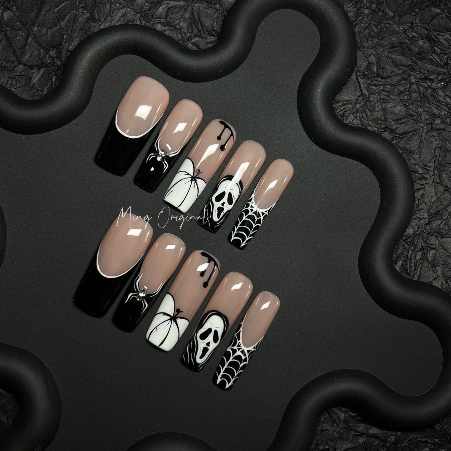 Halloween French Tip Black White Pumpkin Spooky Ghost Spider Web, Gothic White Line press on nail, custom made fake nail