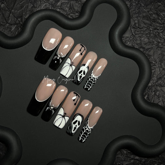Halloween French Tip Black White Pumpkin Spooky Ghost Spider Web, Gothic White Line press on nail, custom made fake nail