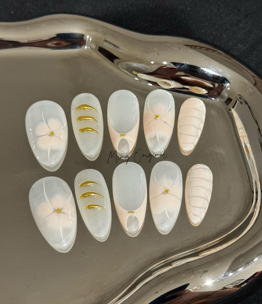 White flower art nail, water blooming press on Nails, chrome nail, Handmade Gel Nail,  jelly Nail, wedding nail, gift for her