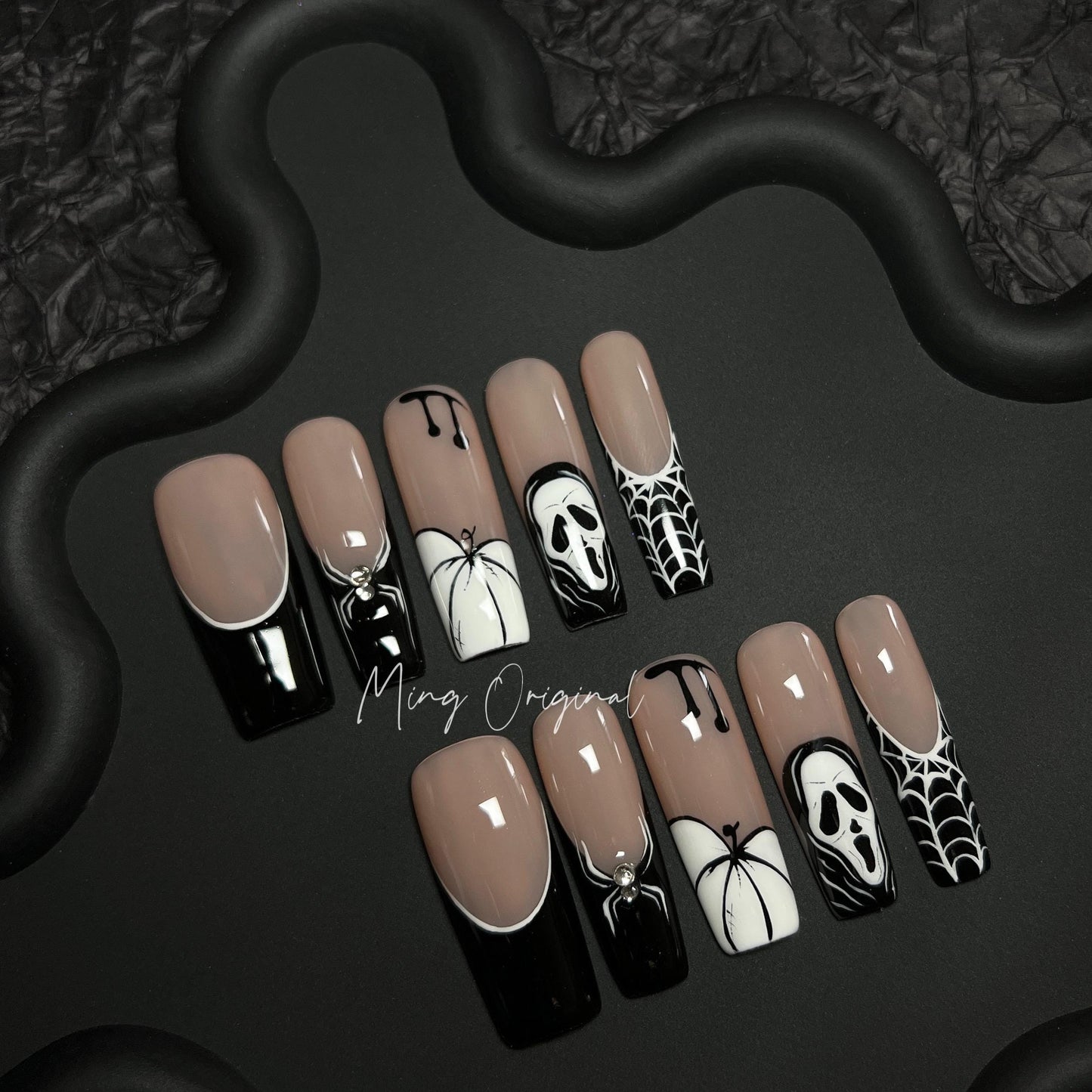 Halloween French Tip Black White Pumpkin Spooky Ghost Spider Web, Gothic White Line press on nail, custom made fake nail