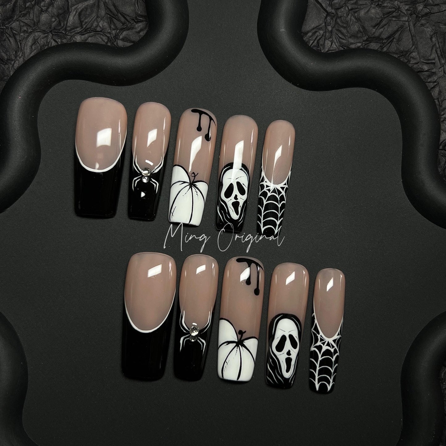 Halloween French Tip Black White Pumpkin Spooky Ghost Spider Web, Gothic White Line press on nail, custom made fake nail