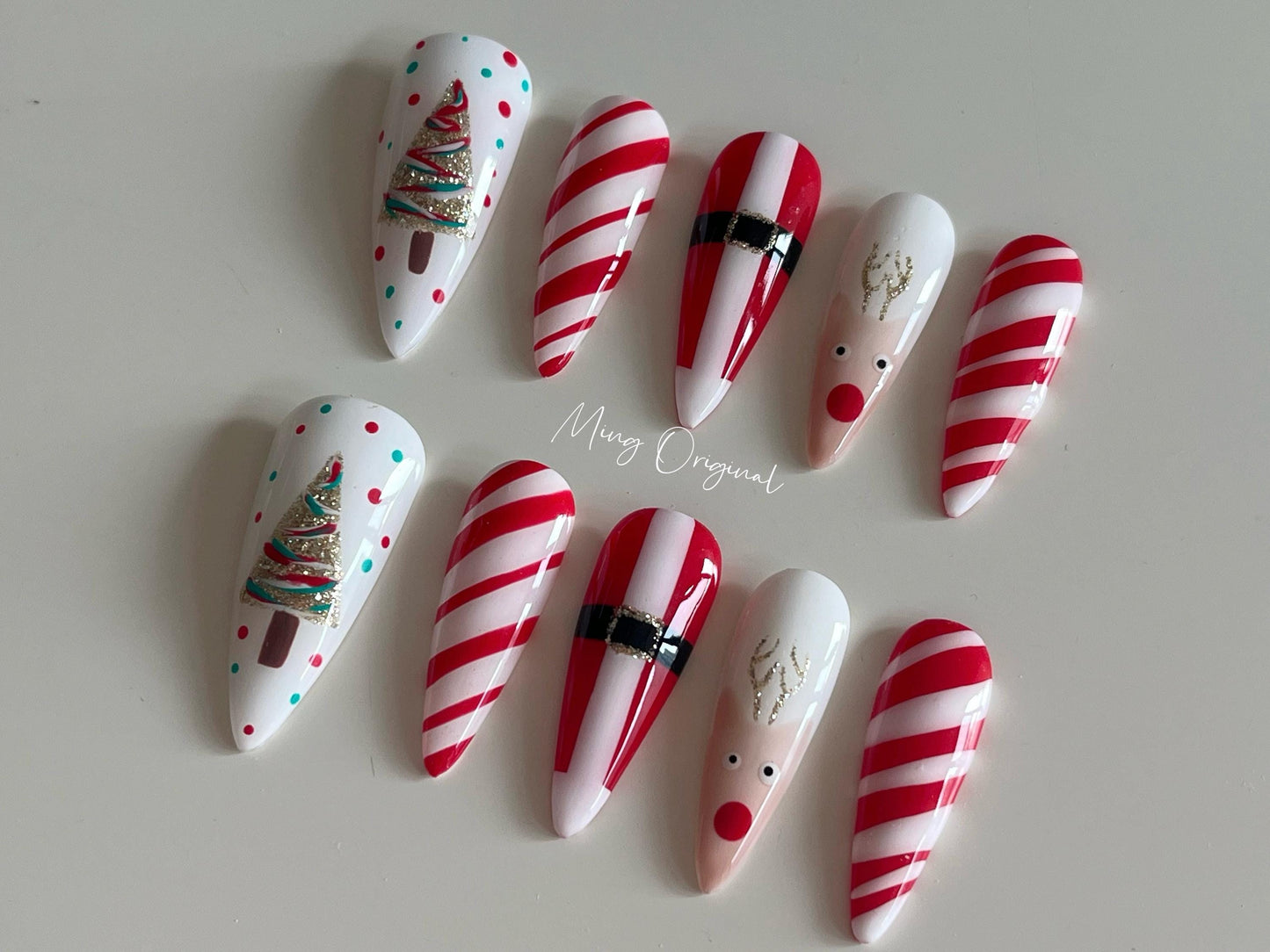 Merry Christmas candy cane press on nails, reuse nails, jelly fake nail, glue on nail, reindeer and tree nail, gift for her, MO271