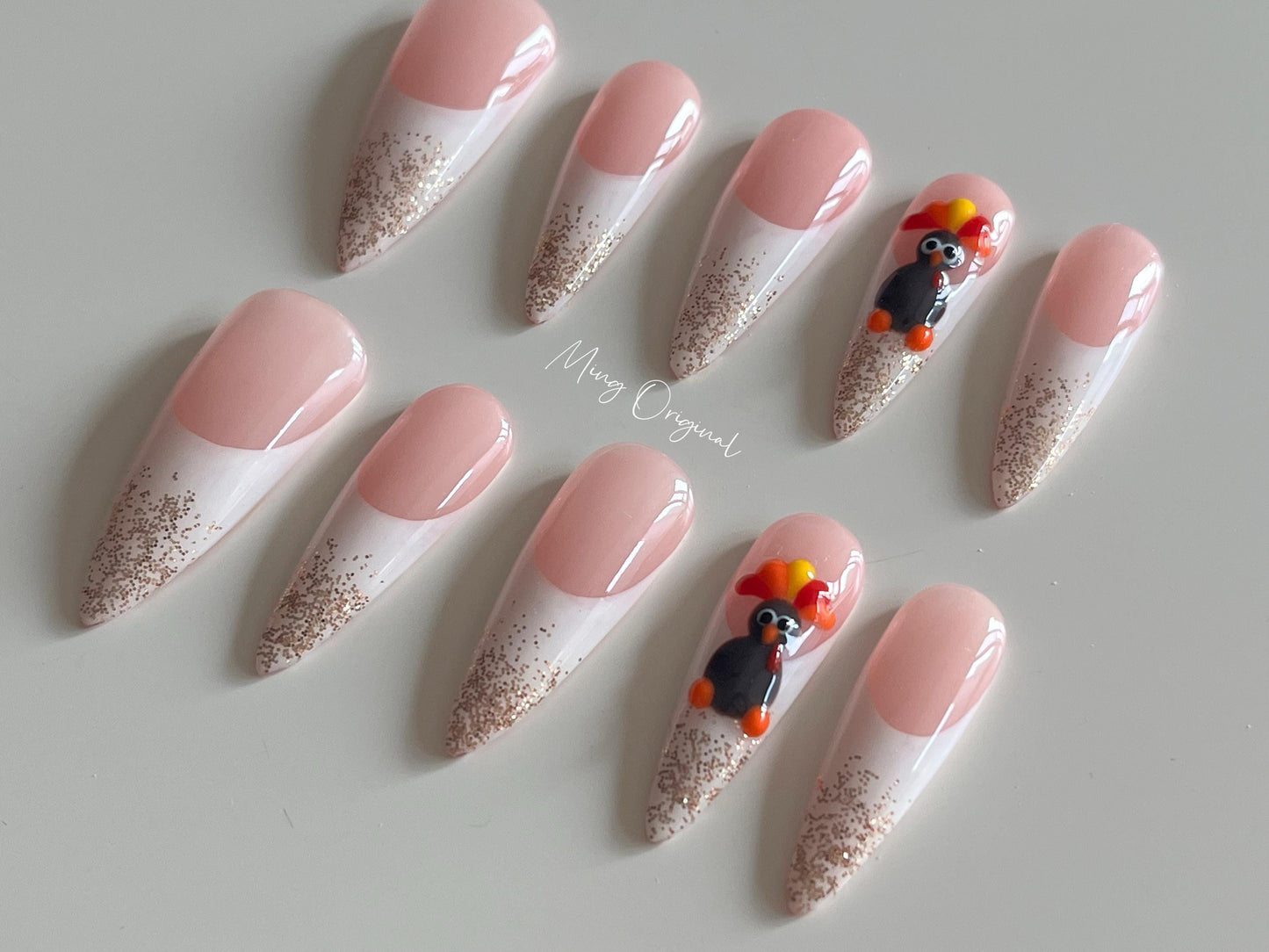 Thanksgiving turkey glittering french tip press on nails, reuse nails, jelly fake nail, glue on nail, gift for her, MO272