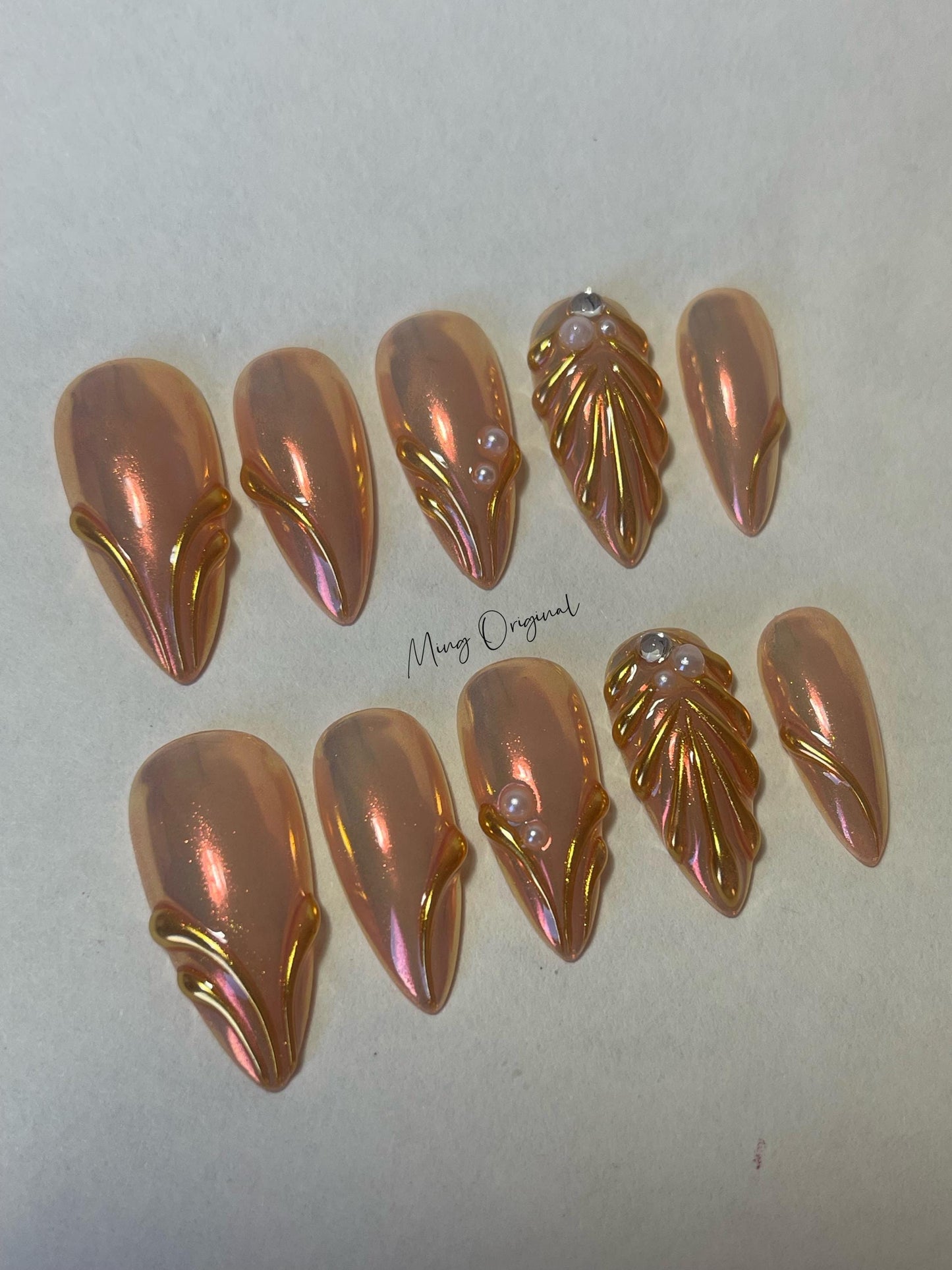 Golden mermaid press on nails, 3D Pearlescent Gold Aurora Chrome Nail, Aura pearl reusable nail, jelly fake nail, glue on nail, MO283