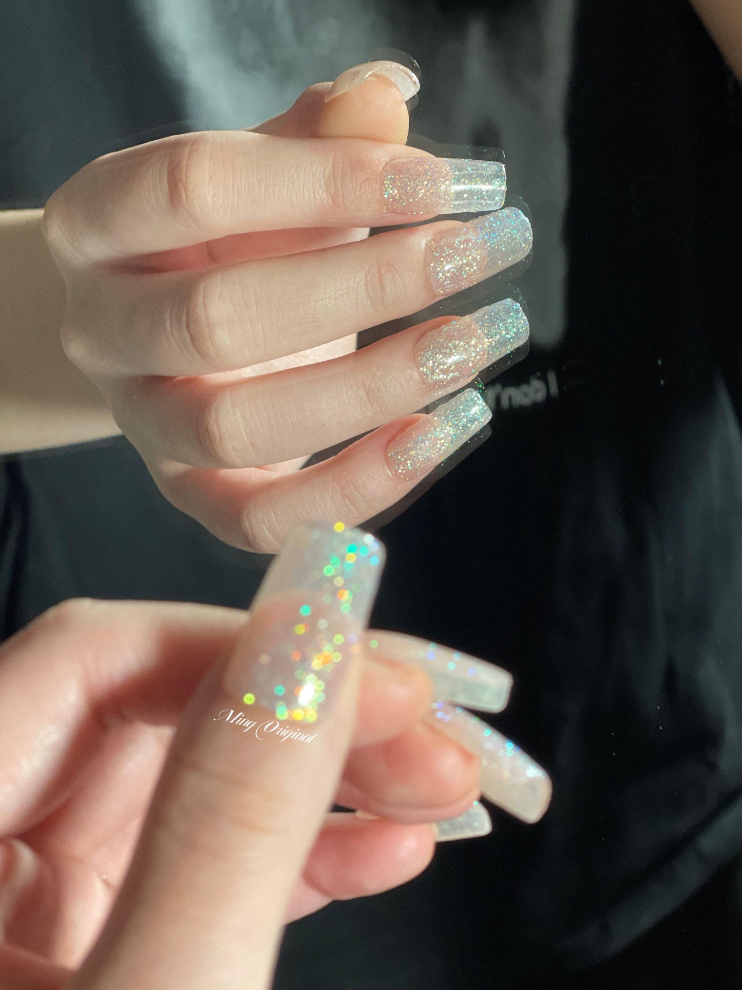 Gold tone Gliiter Shine Nude Acrylic & press on nails, glue on nails, reuse nails, jelly fake nail, hand painted gel nail