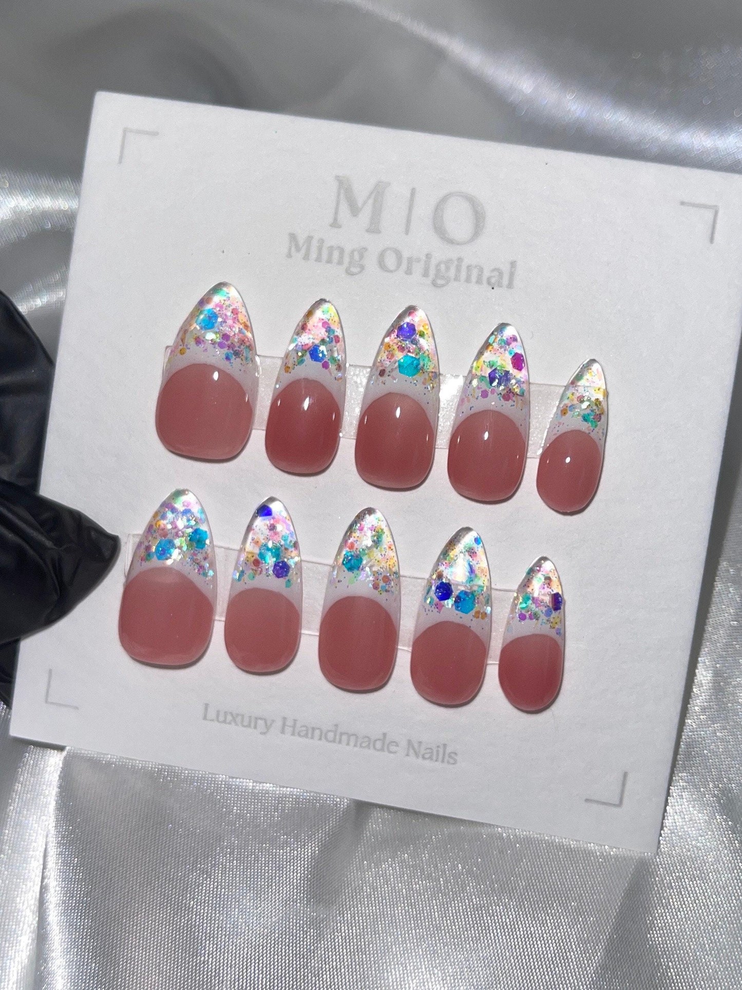 French tip sequin Glass ice encapsulated tip Press on Nails, ombre nails,Builder Gel handmade Nails, Jelly Nails, valentine anniversary gift