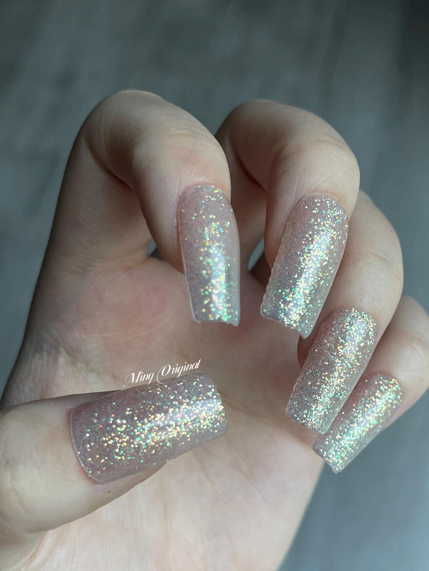Gold tone Gliiter Shine Nude Acrylic & press on nails, glue on nails, reuse nails, jelly fake nail, hand painted gel nail