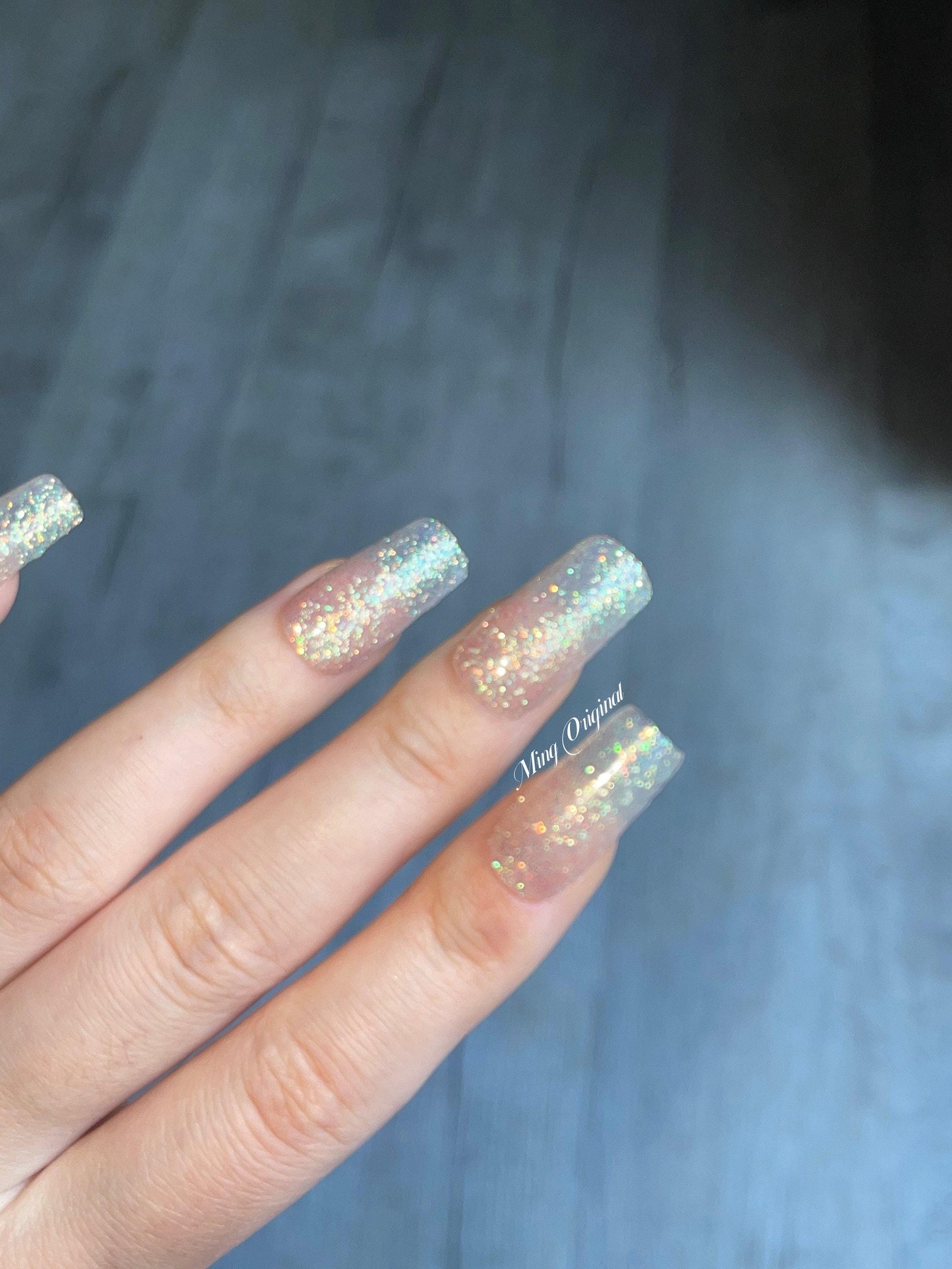 Gold tone Gliiter Shine Nude Acrylic & press on nails, glue on nails, reuse nails, jelly fake nail, hand painted gel nail