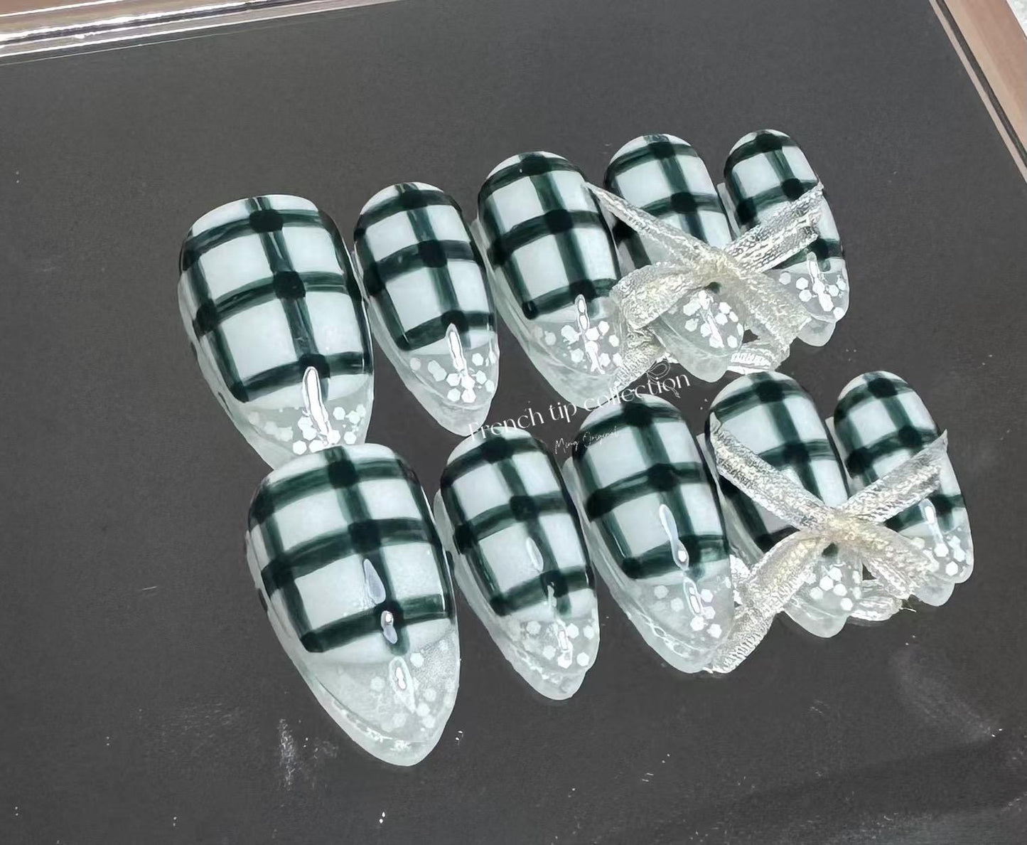 French Tip Collection| plaid and lace coquette bow Press on Nails, encapsulated glue on nail, birthday holiday gift for her,MO309