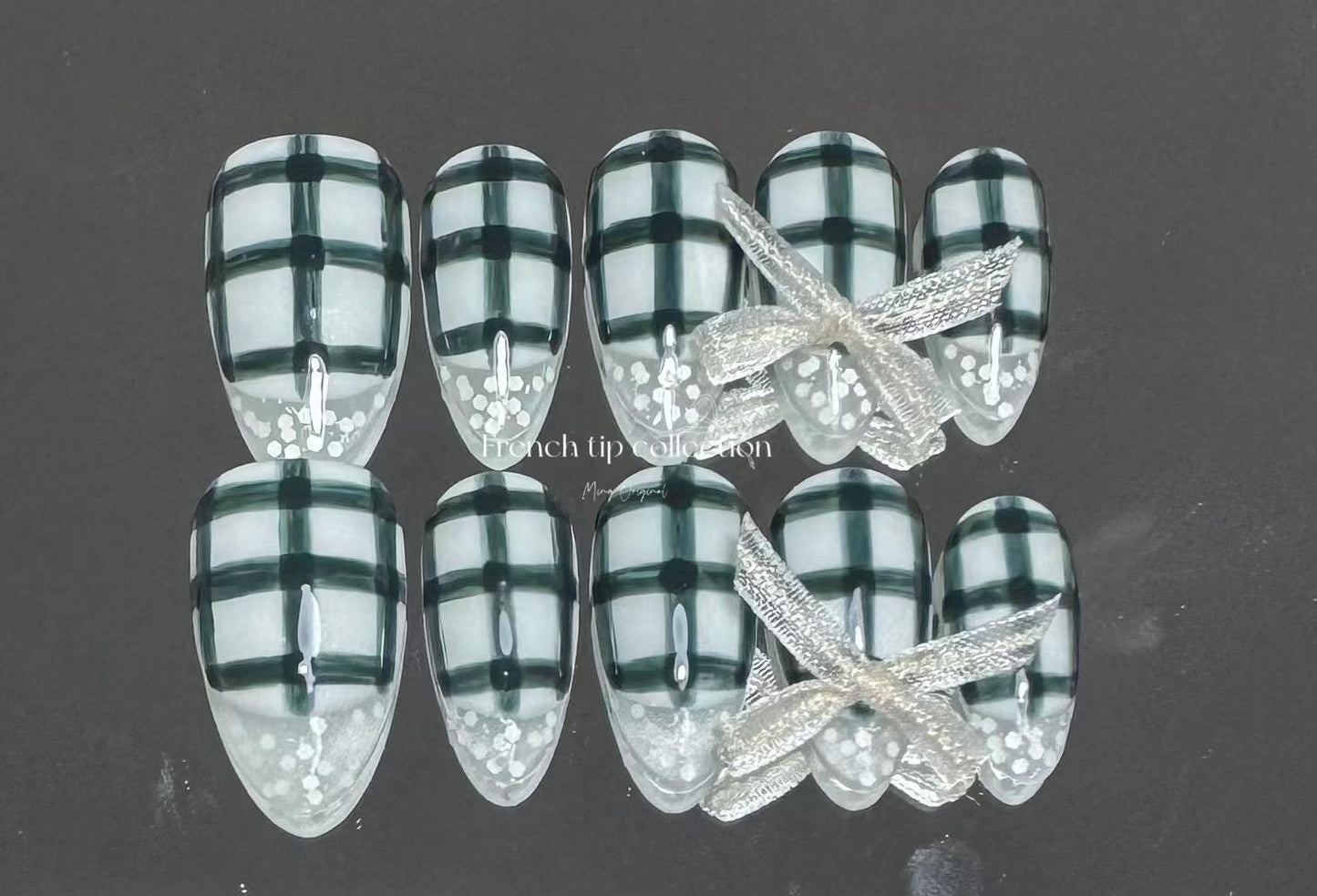 French Tip Collection| plaid and lace coquette bow Press on Nails, encapsulated glue on nail, birthday holiday gift for her,MO309