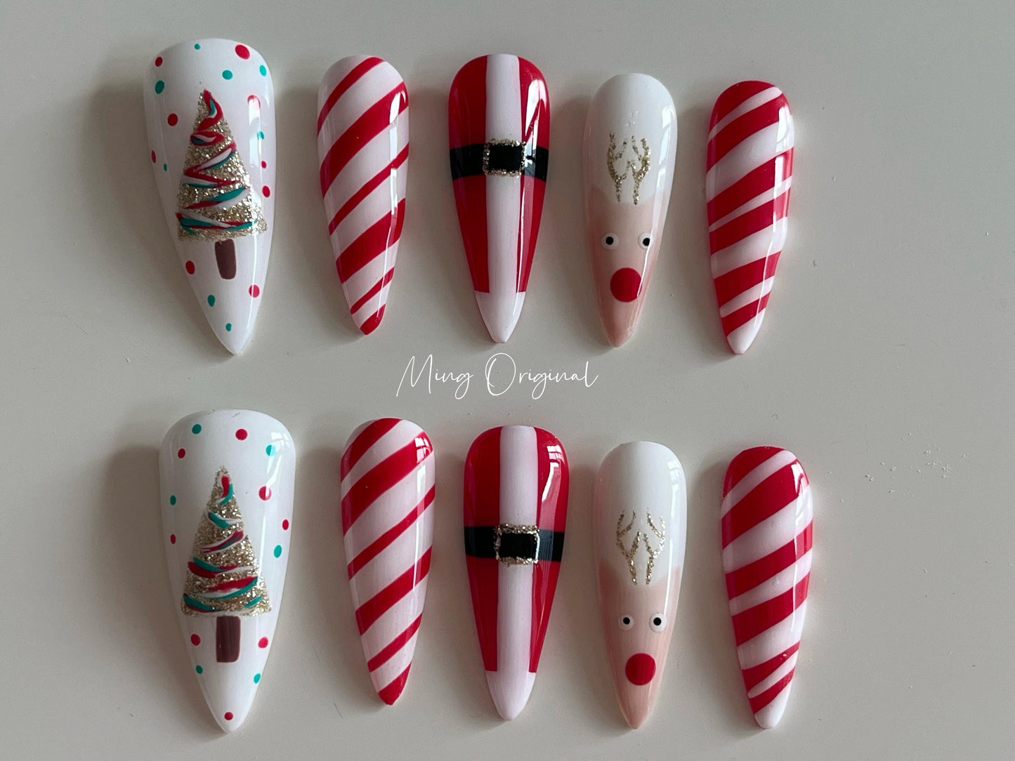 Merry Christmas candy cane press on nails, reuse nails, jelly fake nail, glue on nail, reindeer and tree nail, gift for her, MO271