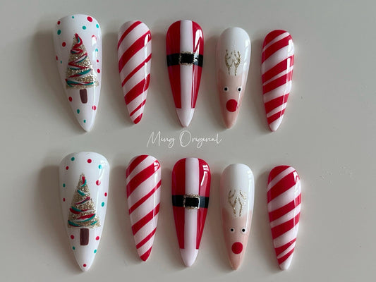Merry Christmas candy cane press on nails, reuse nails, jelly fake nail, glue on nail, reindeer and tree nail, gift for her, MO271