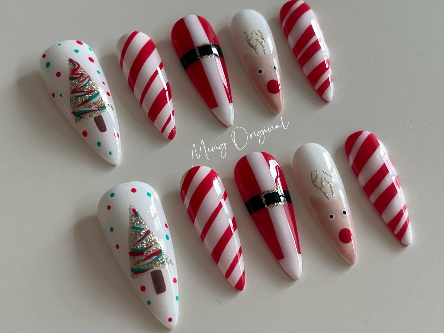 Merry Christmas candy cane press on nails, reuse nails, jelly fake nail, glue on nail, reindeer and tree nail, gift for her, MO271